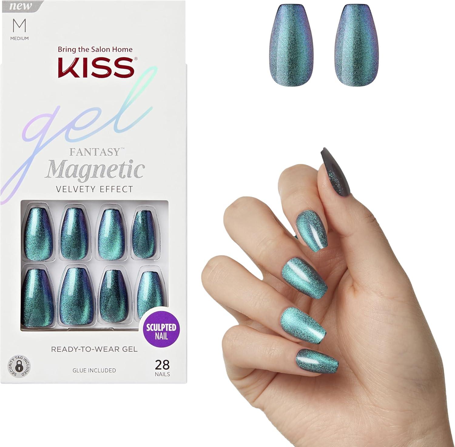 KISS Gel Fantasy Magnetic, Press On Nails, Dignity, Silver, Short Squoval, 28 Count