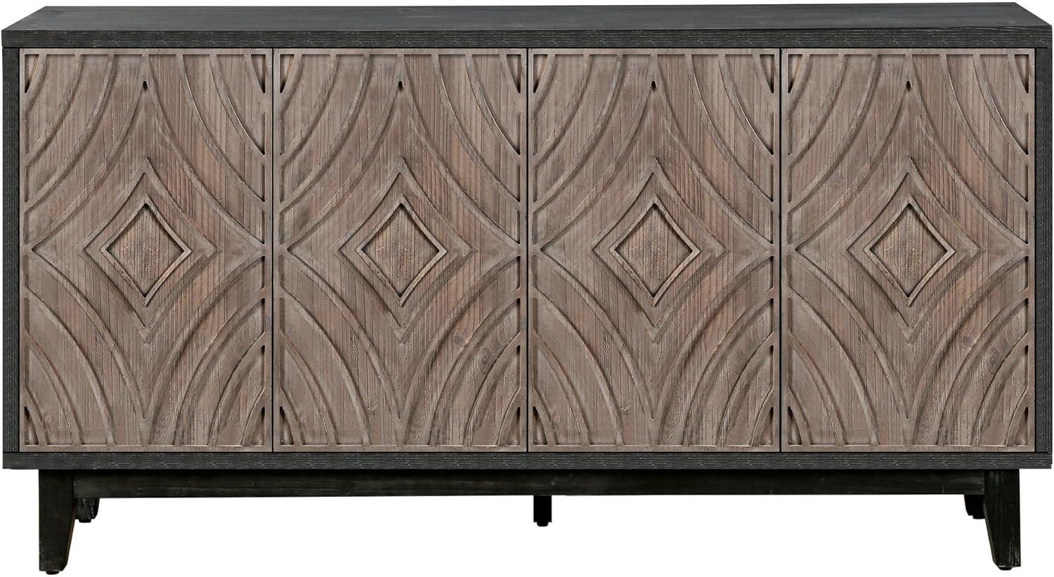 60" Mid Century Sideboard Buffet Kitchen Storage Cabinet, with 4 Convex pattern diamond Doors and 2 Shelves Accent, for Entrance, Hall, Antique Brown