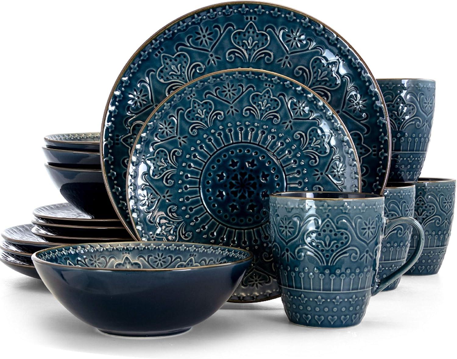 Deep Blue Ceramic Coastal Dinnerware Set, Service for 4