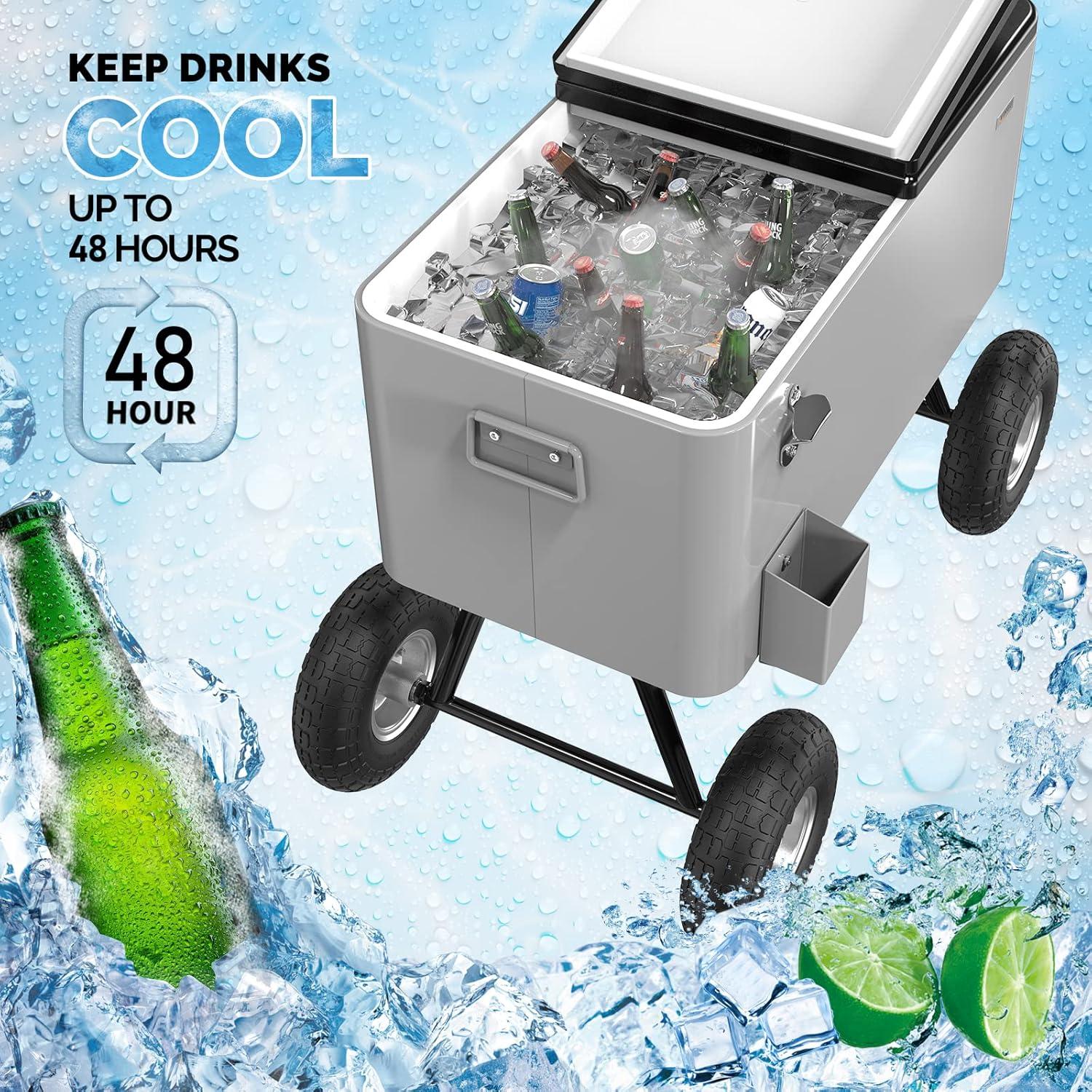 VINGLI 80qt. Wagon Rolling Cooler Ice Chest w/Long Handle and 10" Wheels, Patio Cooler, Outdoor Park Cart on Wheels