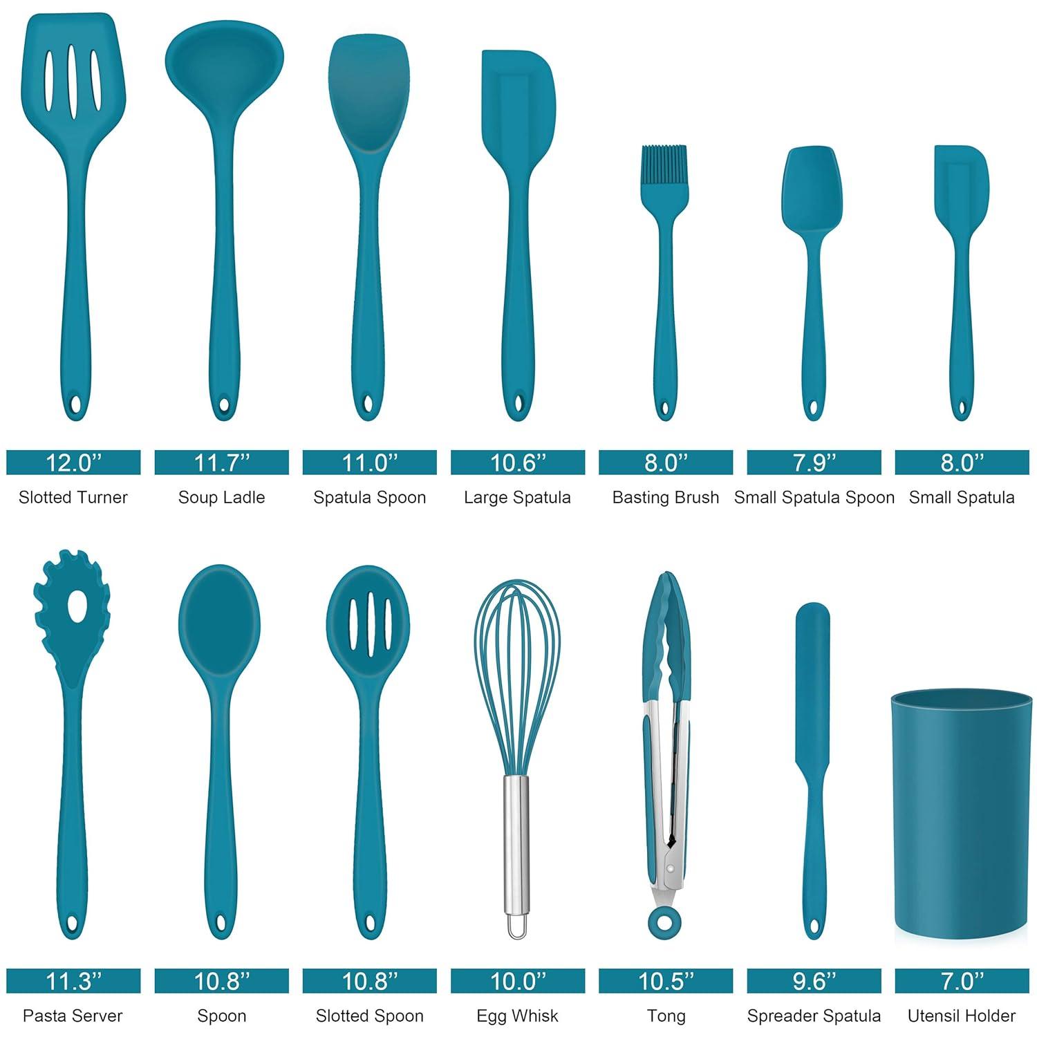 LIANYU 14 Pcs Cooking Utensils Set with Holder, Heat Resistant Silicone Kitchen Cookware Utensils Set, Kitchen Cooking Tools Includes Spatula Spoon Turner Whisk Tong, Dishwasher safe, Dark Blue