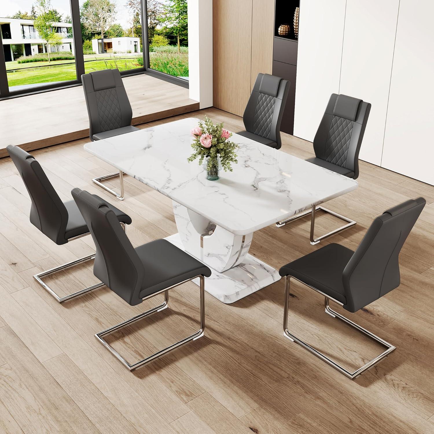 Modern White Faux Marble Dining Table Set with 6 Gray PU Leather Chairs