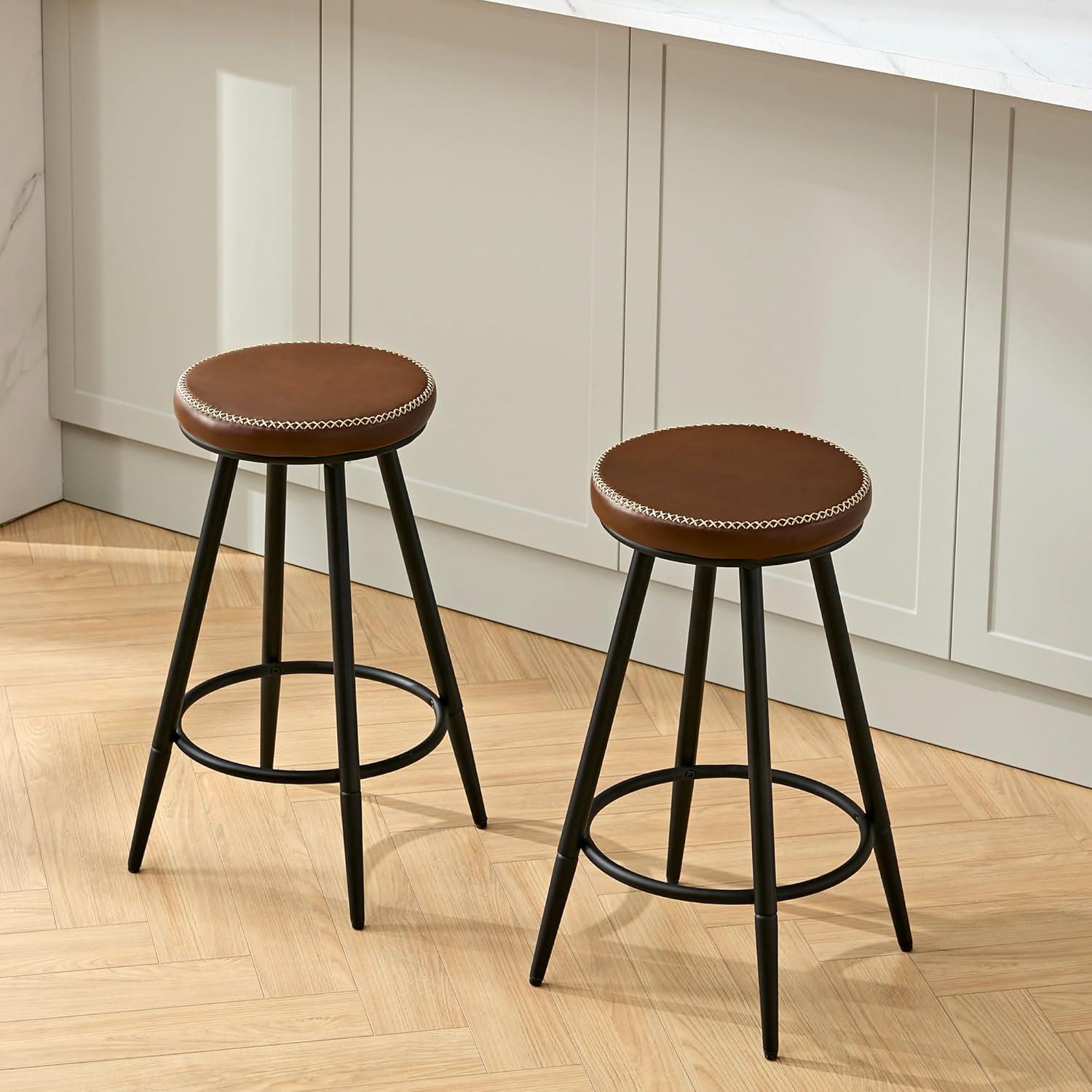 Adjustable Brown Faux Leather Saddle Bar Stools with Metal Legs