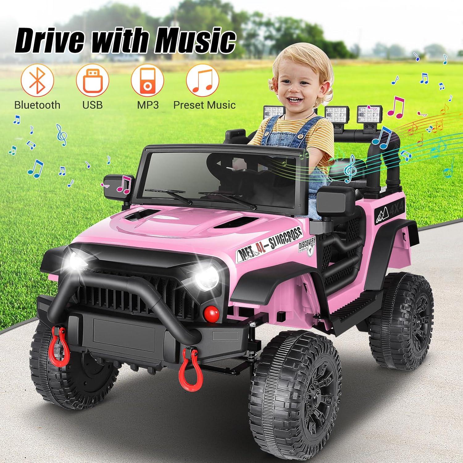 Kids Electric Cars Ride on Jeeps, 12V Ride On Car Truck with Remote Control, Battery Power Car Wheels w/Bluetooth, Music, 3 Speeds, Suspension, Electric Vehicles Toys for Girls, Pink