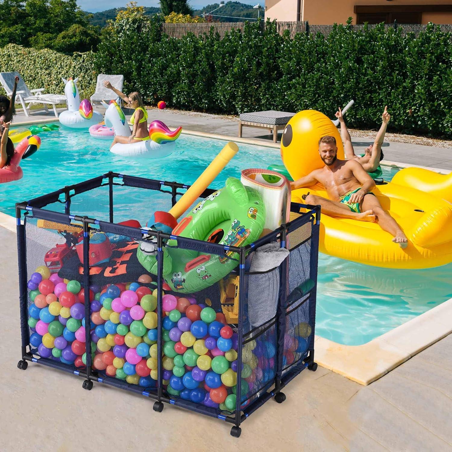 Yescom Metal Frame 10 Wheels Rolling Mesh Pool Storage Bin Pool Floats Storage Organizer for Pool Toys Balls Pool Noodles, Blue