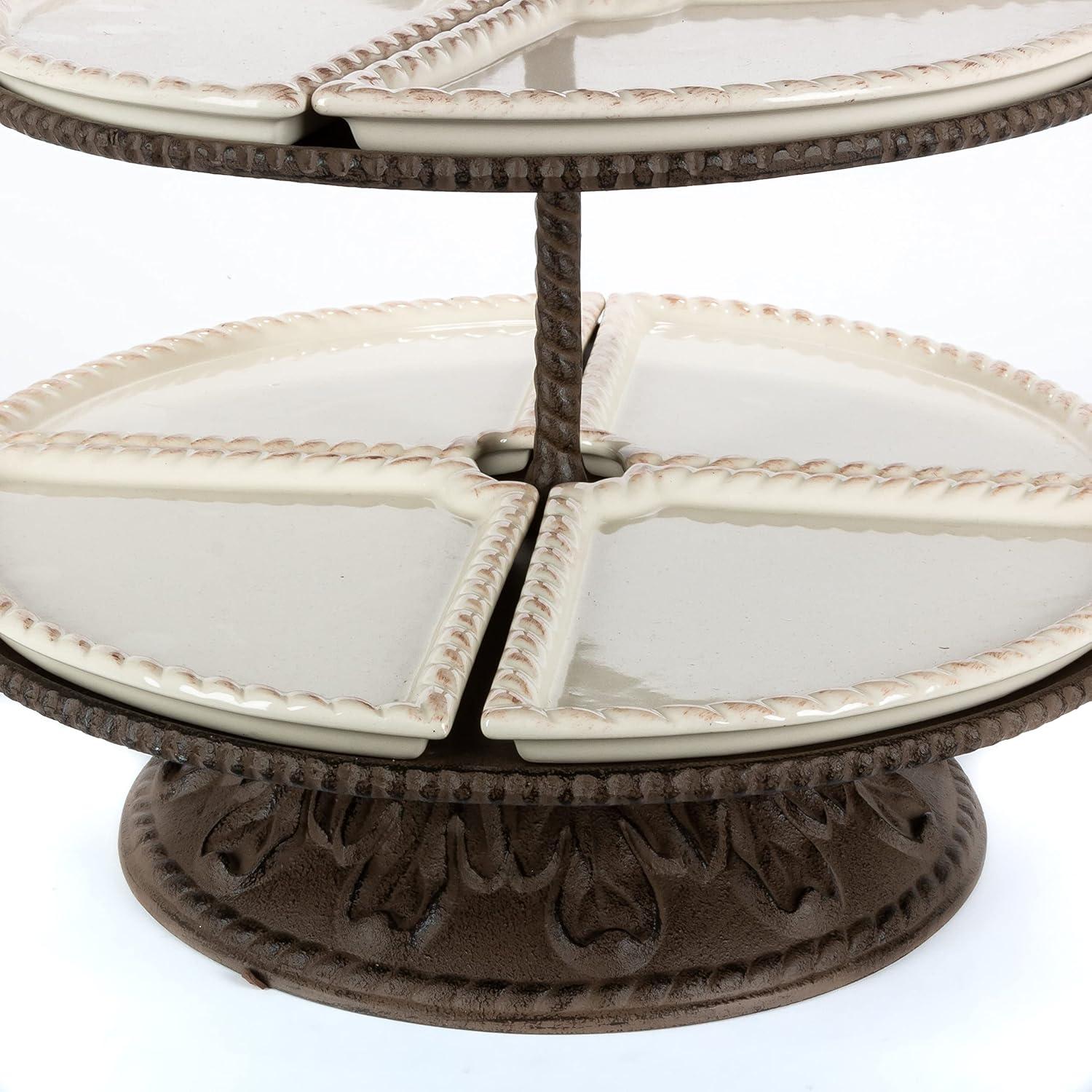 Dark Brown Ceramic 3-Tiered Round Server with Metal Base