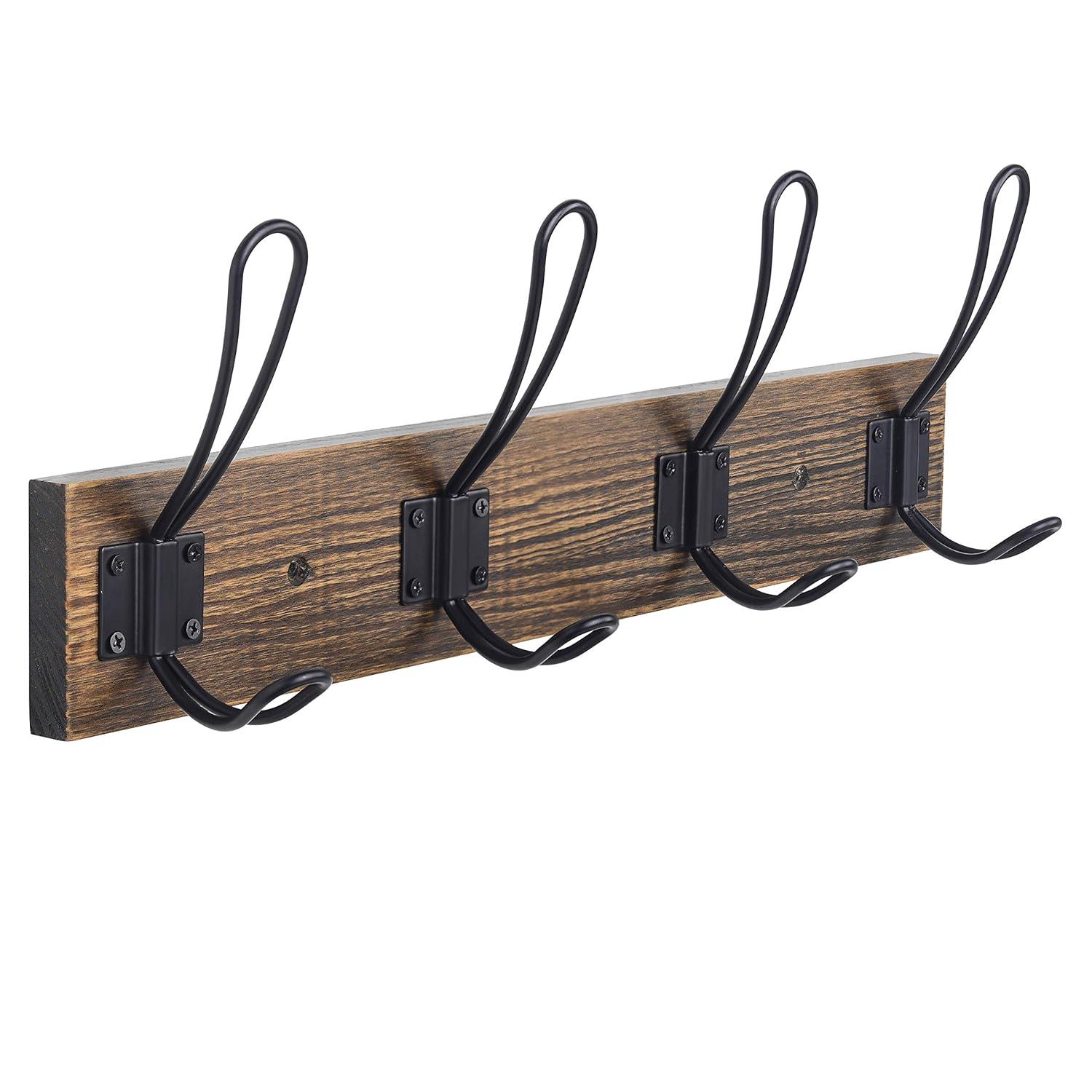 Solid Pine Wood Towel Rack Rustic Coat Rack Wall Mounted Coat Hook with 4 Farmhouse Hooks Rustic Towel Racks for Bathroom Entryway Kitchen Towel Coat Hat Purse Robes (Brown)