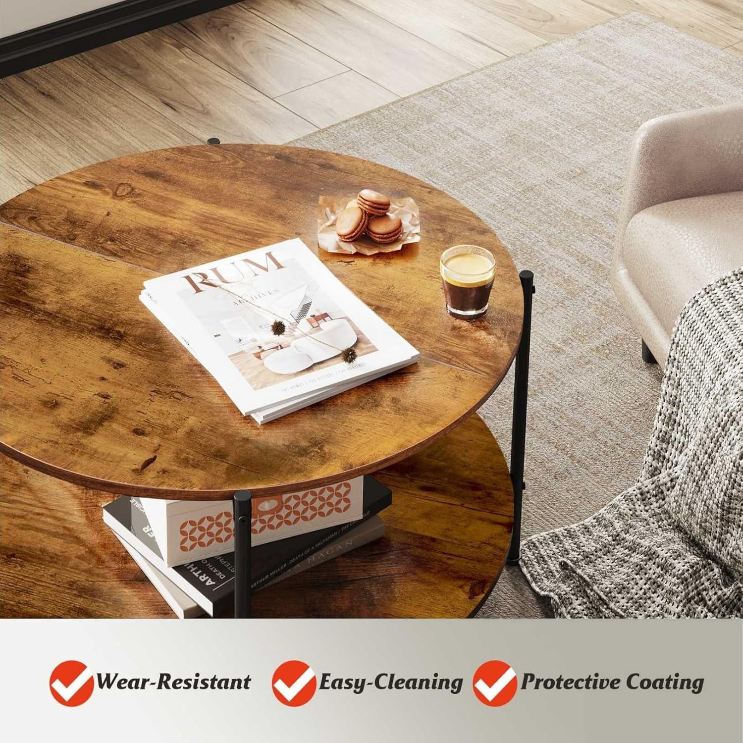 Round Coffee Table For Living Room, 32.6" Circle Coffee Table With Open Storage Shelf, 2-Tier Industrial Round Wood Center Table For Bedroom, Home Office, Rustic Brown