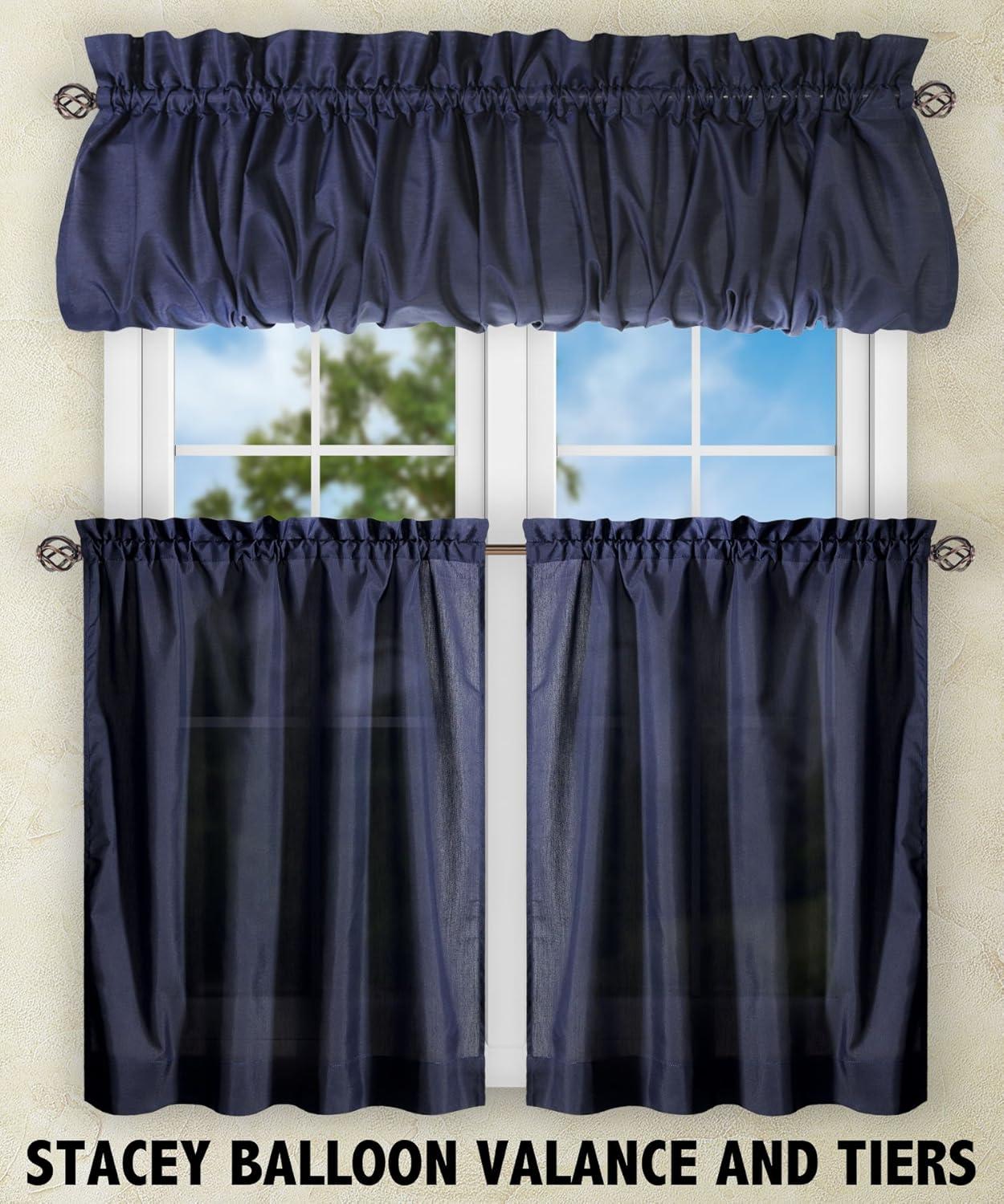 Ellis Stacey 1.5" Rod Pocket High Quality Fabric Solid Color Window Tailored Tier Pair, Navy