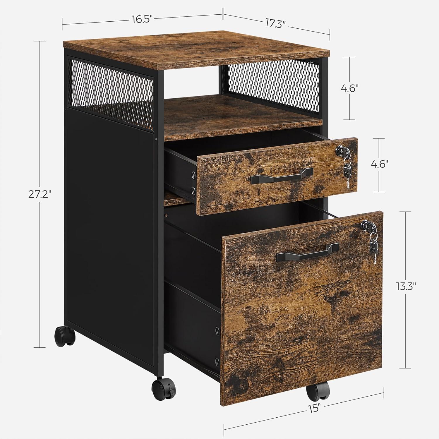 Rustic Brown and Black Mobile Lockable 2-Drawer File Cabinet