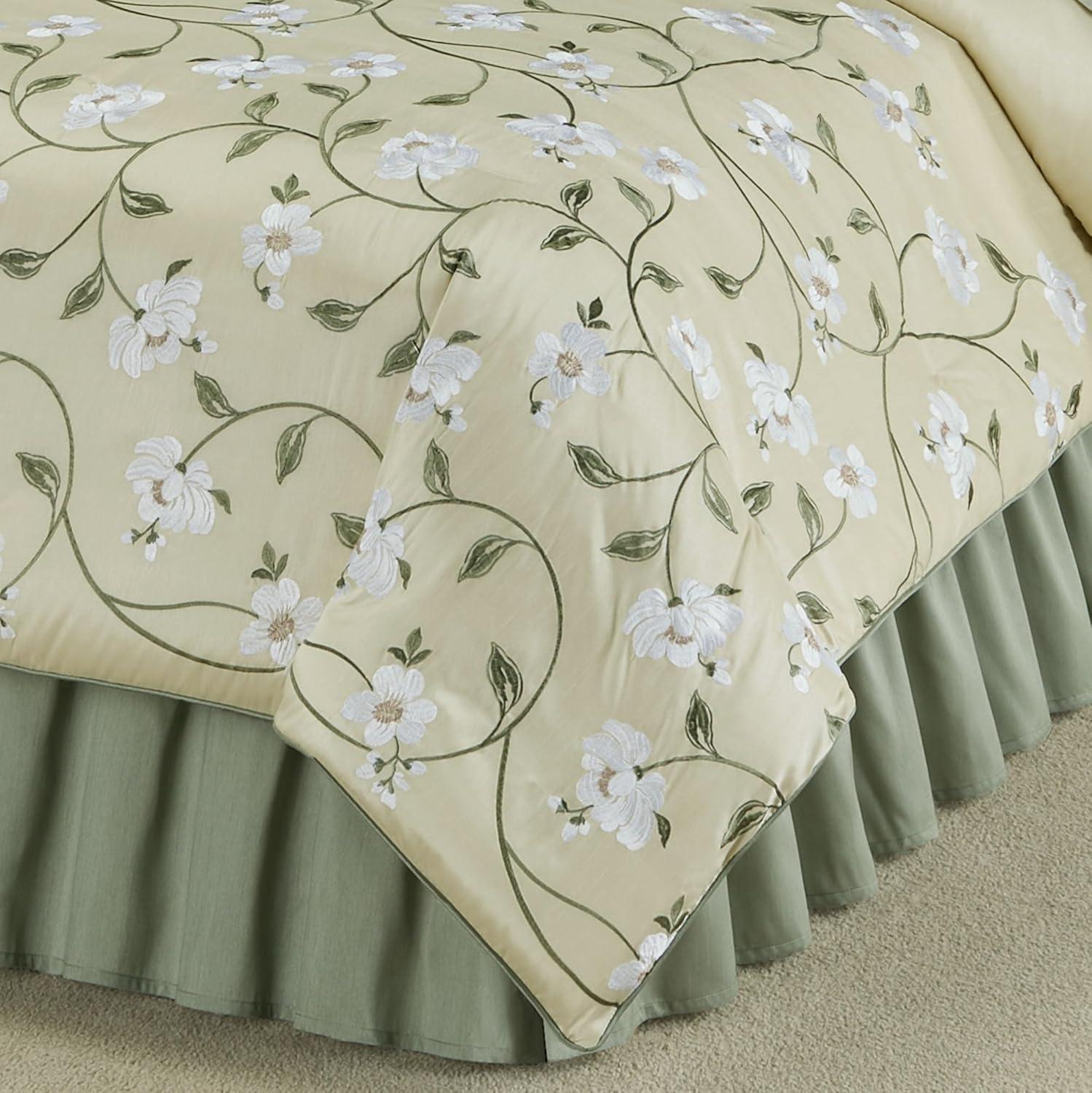 Luxurious Garden Walk Bedding | Sophisticated Polyester Faux Silk Quilted Magnolia Flower Embroidery | Vanilla Cream Sage | 4 Piece Set: Queen Oversized Comforter, 2 Standard Shams, Bedskirt