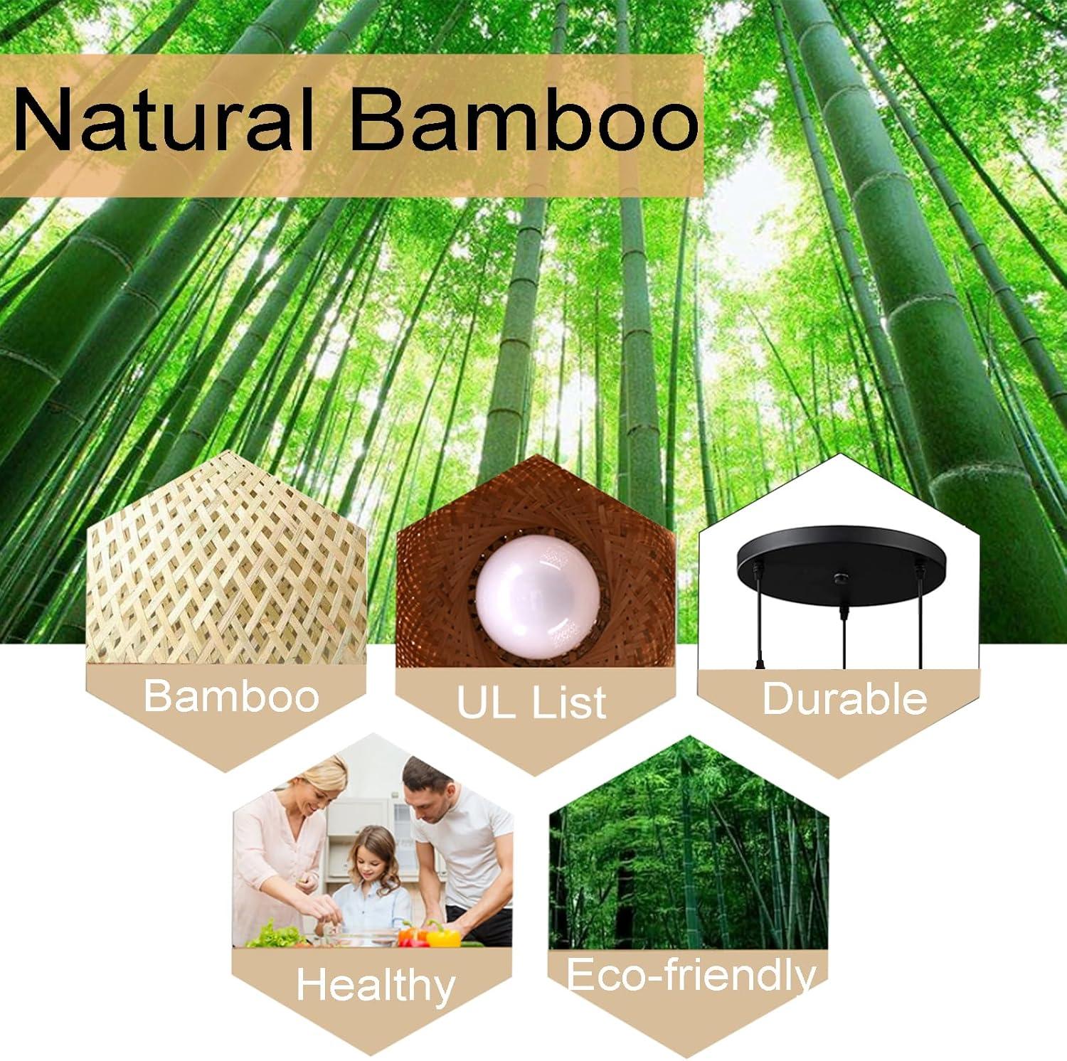 GCQ Bamboo Light Fixtures, 3 Headlights E26 E27 Retro Rustic Bamboo Wicker Rattan Chandelier Ceiling Hanging Light for Living Room Bedroom Farmhouse Restaurant Cafe Teahouse Bar Dining Room Club