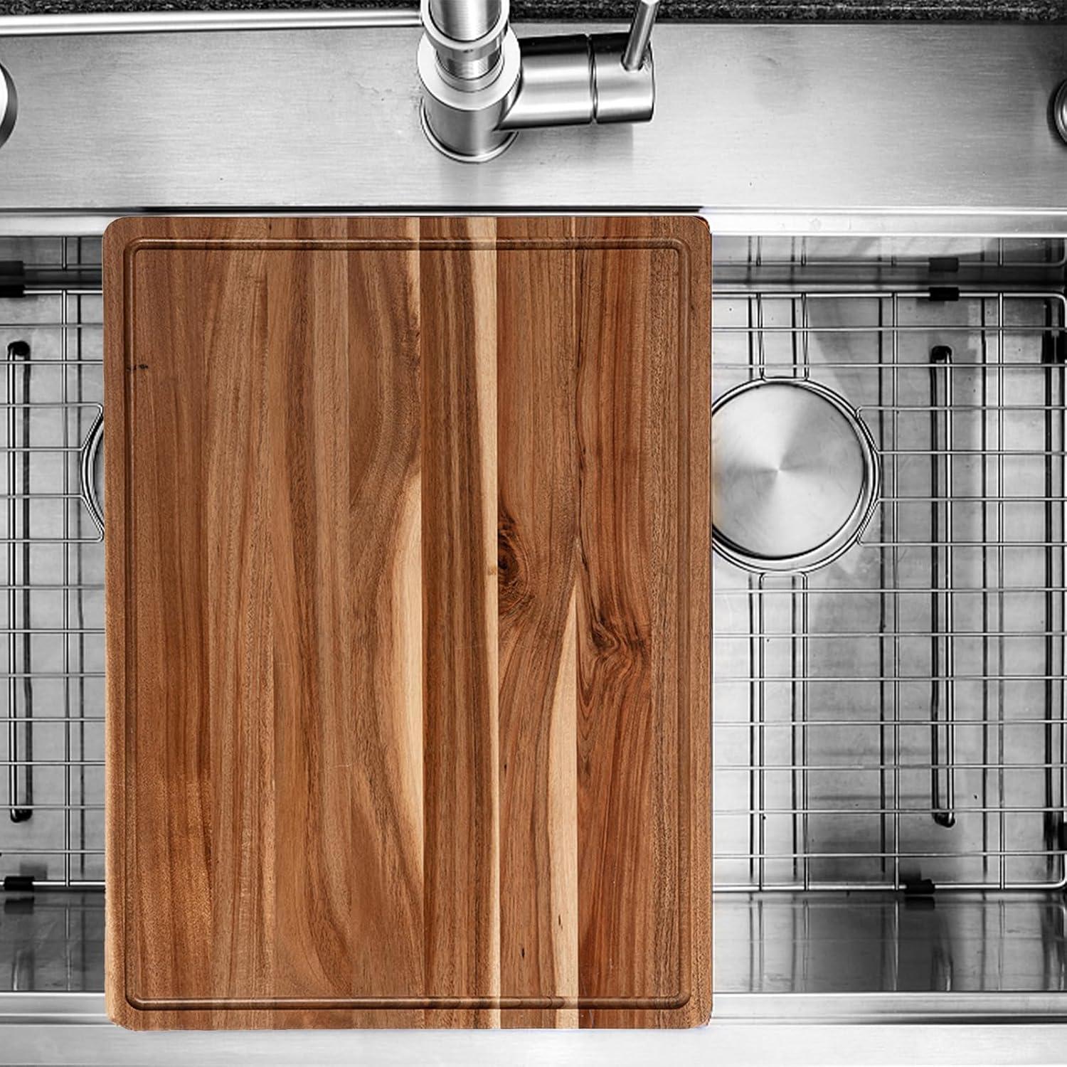 Tzou Large Wood Cutting Board with Premium Edge Grain Construction, Thick Sustainable Butcher Block with Juice Groove, 100% Organic Wood Chopping Board 20*15*1.5 inch