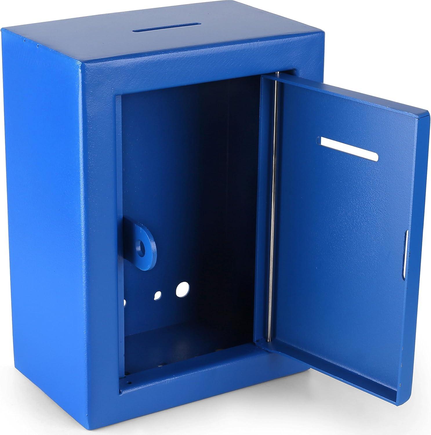 Metal Donation Box Charity Steel Collection ballot Box Office Suggestion Box Secure Box With Front and top Slot Easy Wall Mount with pre drilled holes 8.5x6.5x4" Drop Box for Home and OfficeBlue