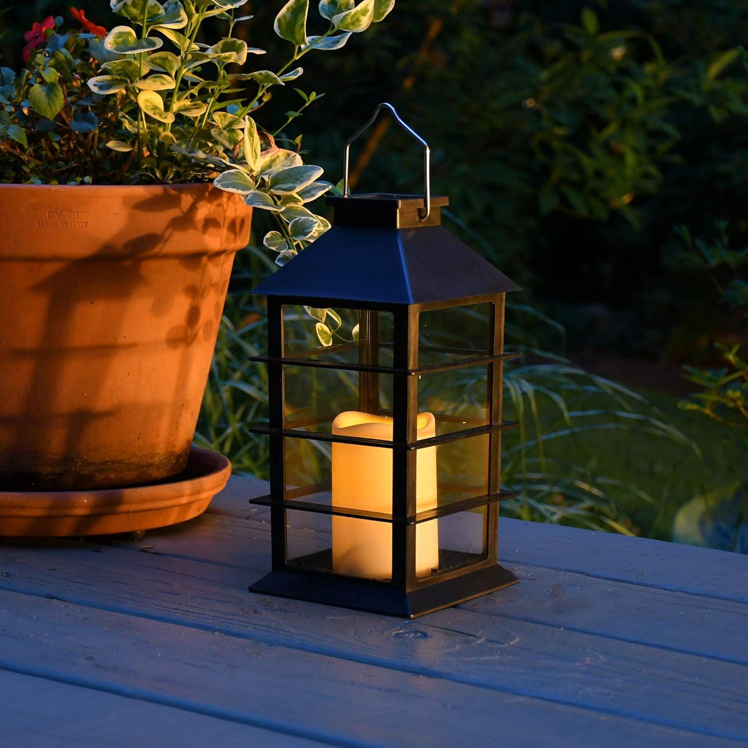 LumaBase Solar Powered Lantern with LED Candle - Horizontal Black