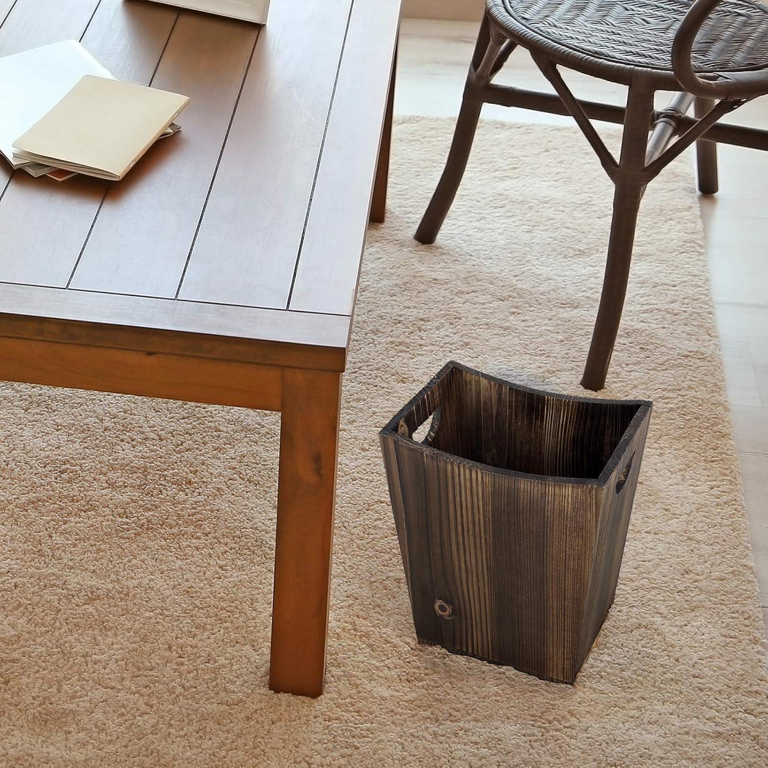 Rustic Brown Fir Wood Rectangular Wastebasket with Handles