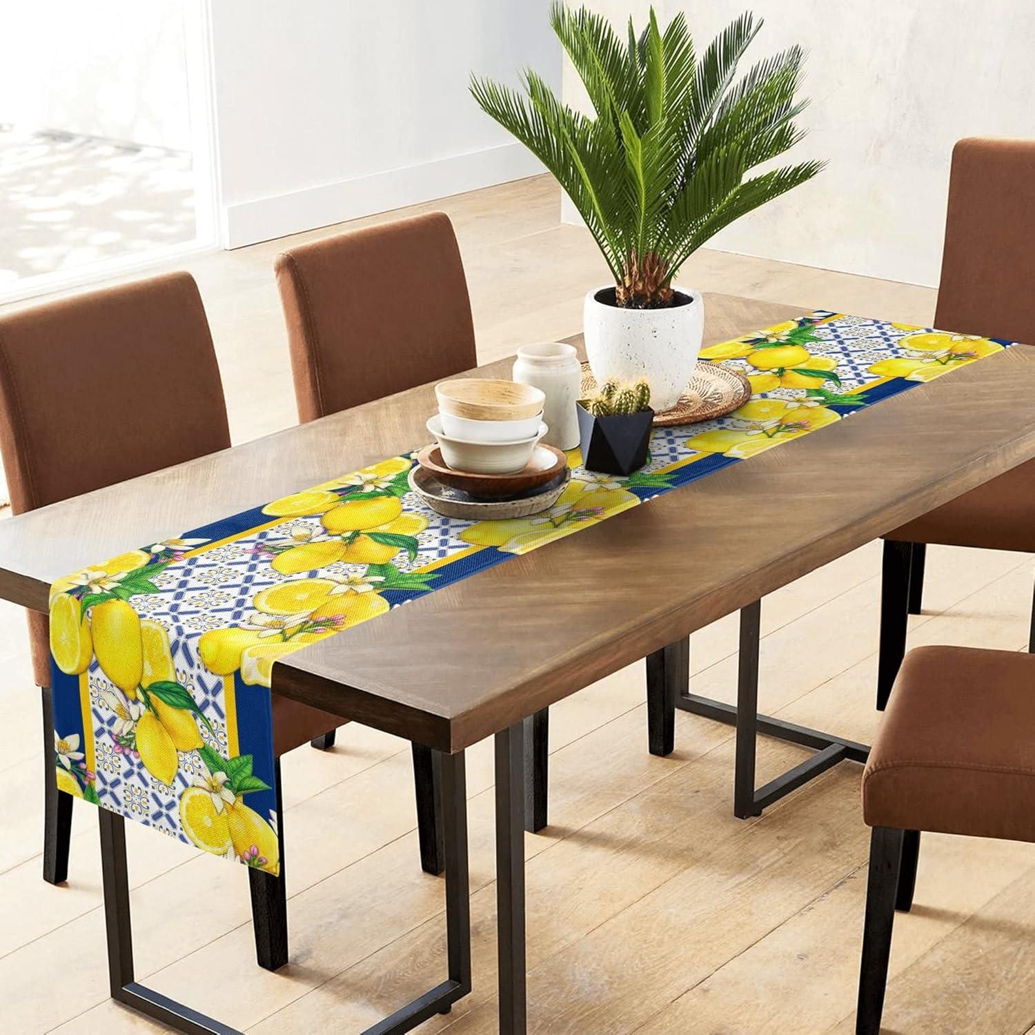 Jbralid Lemon Table Runner Spring Summer Seasonal Yellow Blue Table Runners Farmhouse Kitchen Dining Table Decoration for Indoor Outdoor Home Decor 13x72 Inch