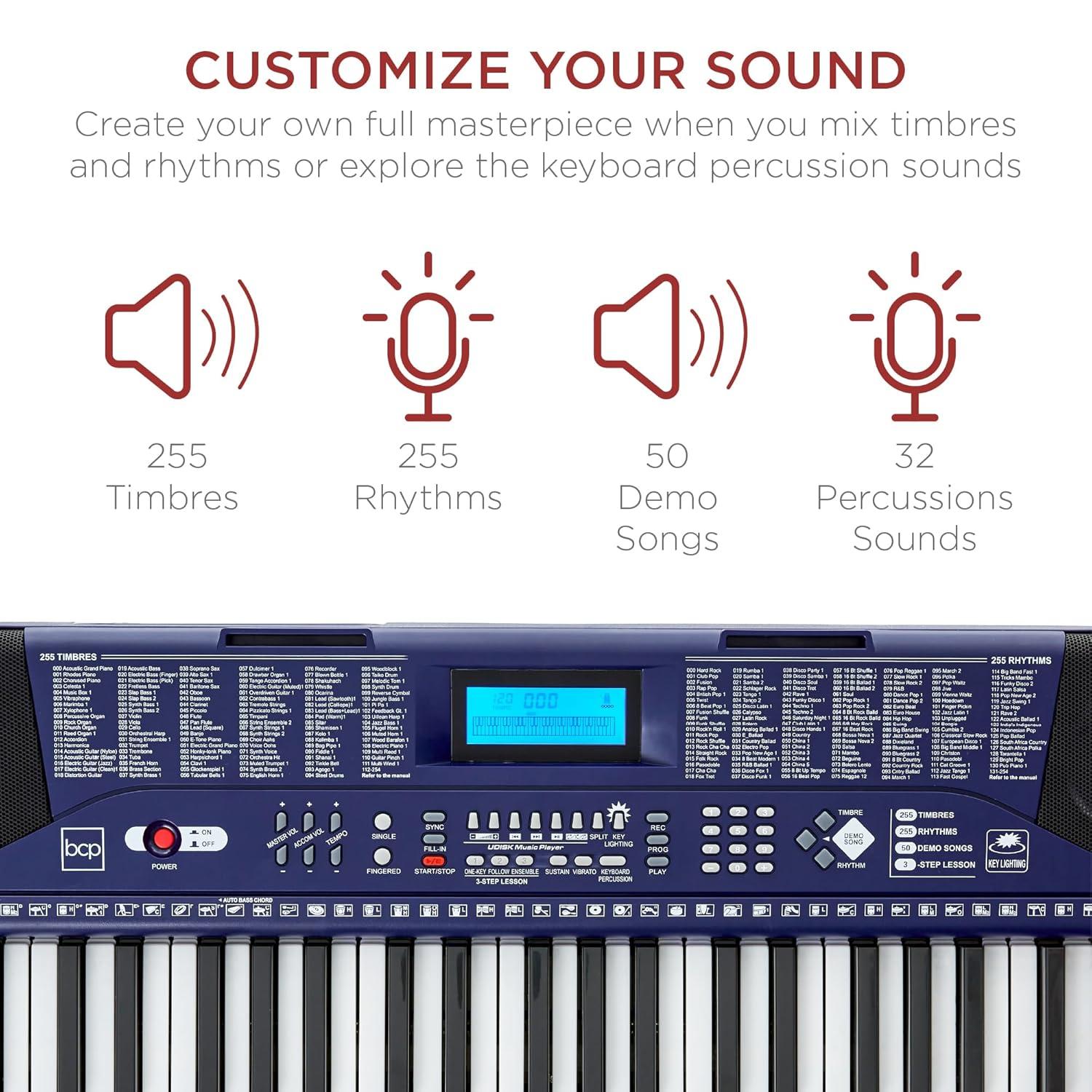 Best Choice Products 61-Key Beginners Complete Electronic Keyboard Piano Set w/ LCD Screen, Lighted Keys - Blue