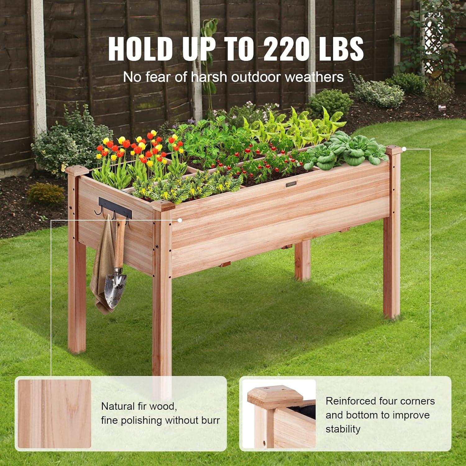 Natural Fir Wood Elevated Garden Bed with Tools and Liner