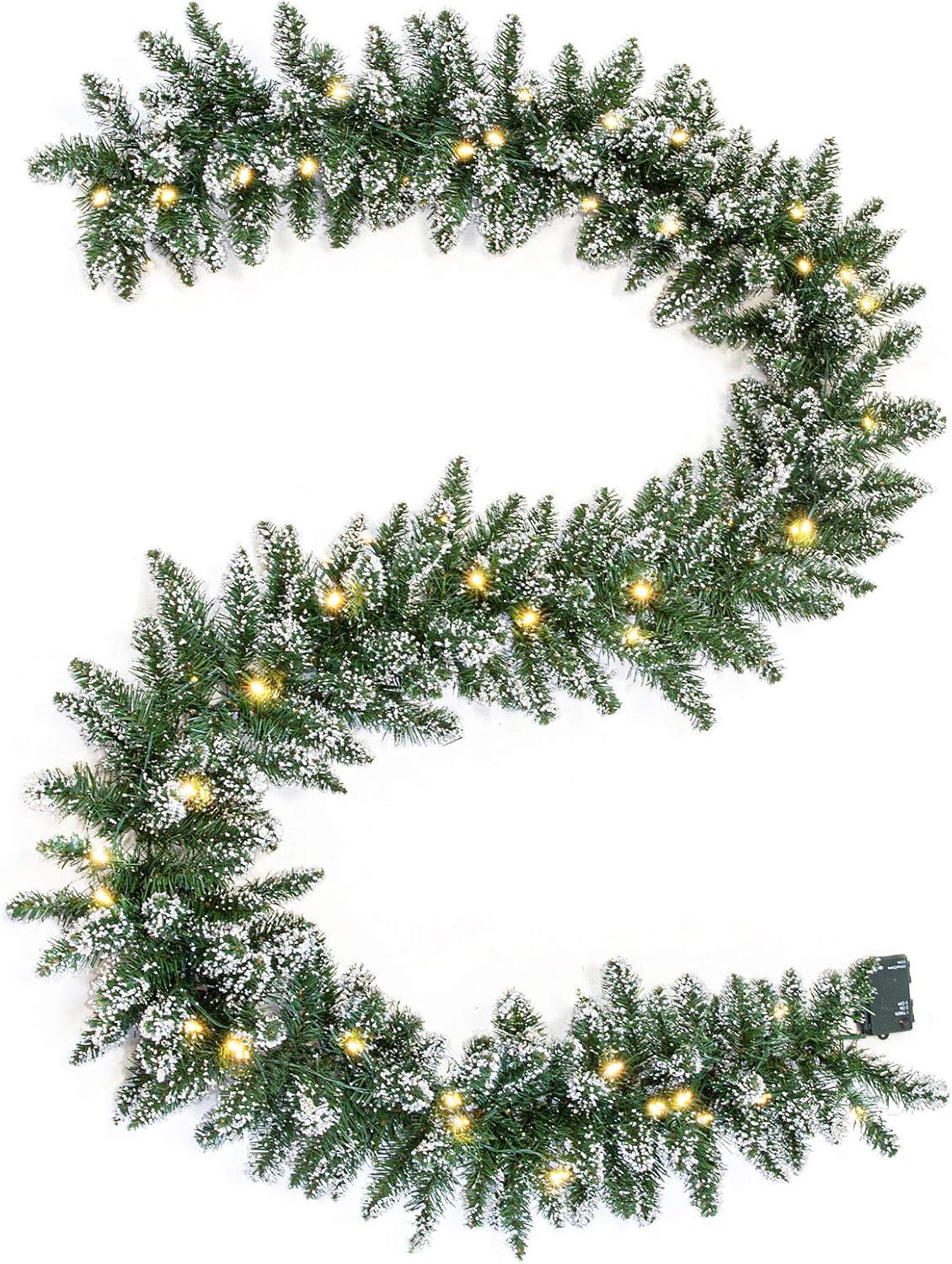 9-Foot Flocked Evergreen Christmas Garland with LED Lights