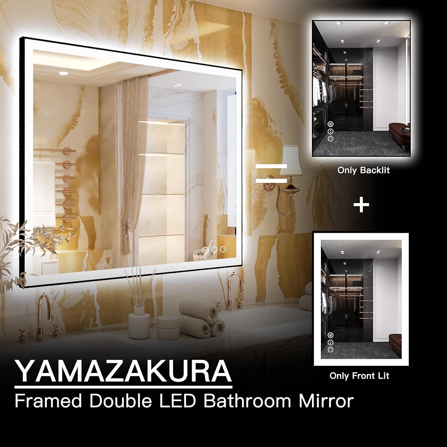 LED Bathroom Mirror 48x40 with Backlit and Front Lighted, Framed Dimmable Illuminated Mirror for Wall Anti-Fog Shatterproof (Horizontal/Vertical)…
