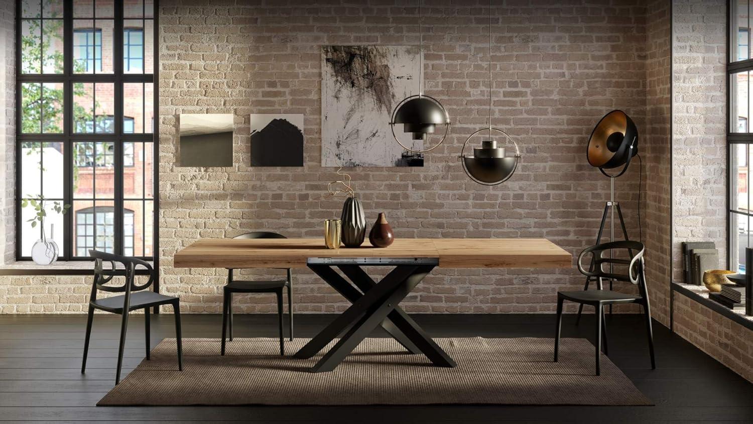 Mobili Fiver, Emma 63(94.5) x35.4 in Extendable Table, Rustic Oak with Black Crossed Legs, for 6-10 People, Expandable Dining Table for Kitchen, Living Room, Italian Furniture