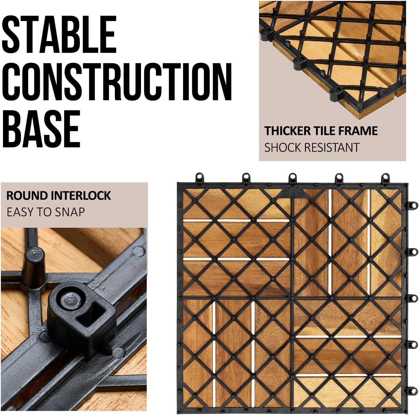 30 Pcs Premium Deck Tiles, Interlocking Deck Tile, Wooden Patio Flooring Outdoor Waterproof, Acacia Wood Decking All Weather for Balcony Indoor and Outdoor Use (Dark Brown, Round Joints)