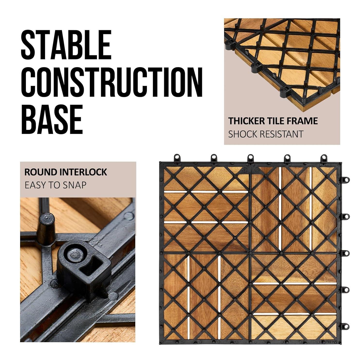30 Pcs Premium Deck Tiles, Interlocking Deck Tile, Wooden Patio Flooring Outdoor Waterproof, Acacia Wood Decking All Weather for Balcony Indoor and Outdoor Use (Dark Brown, Round Joints)