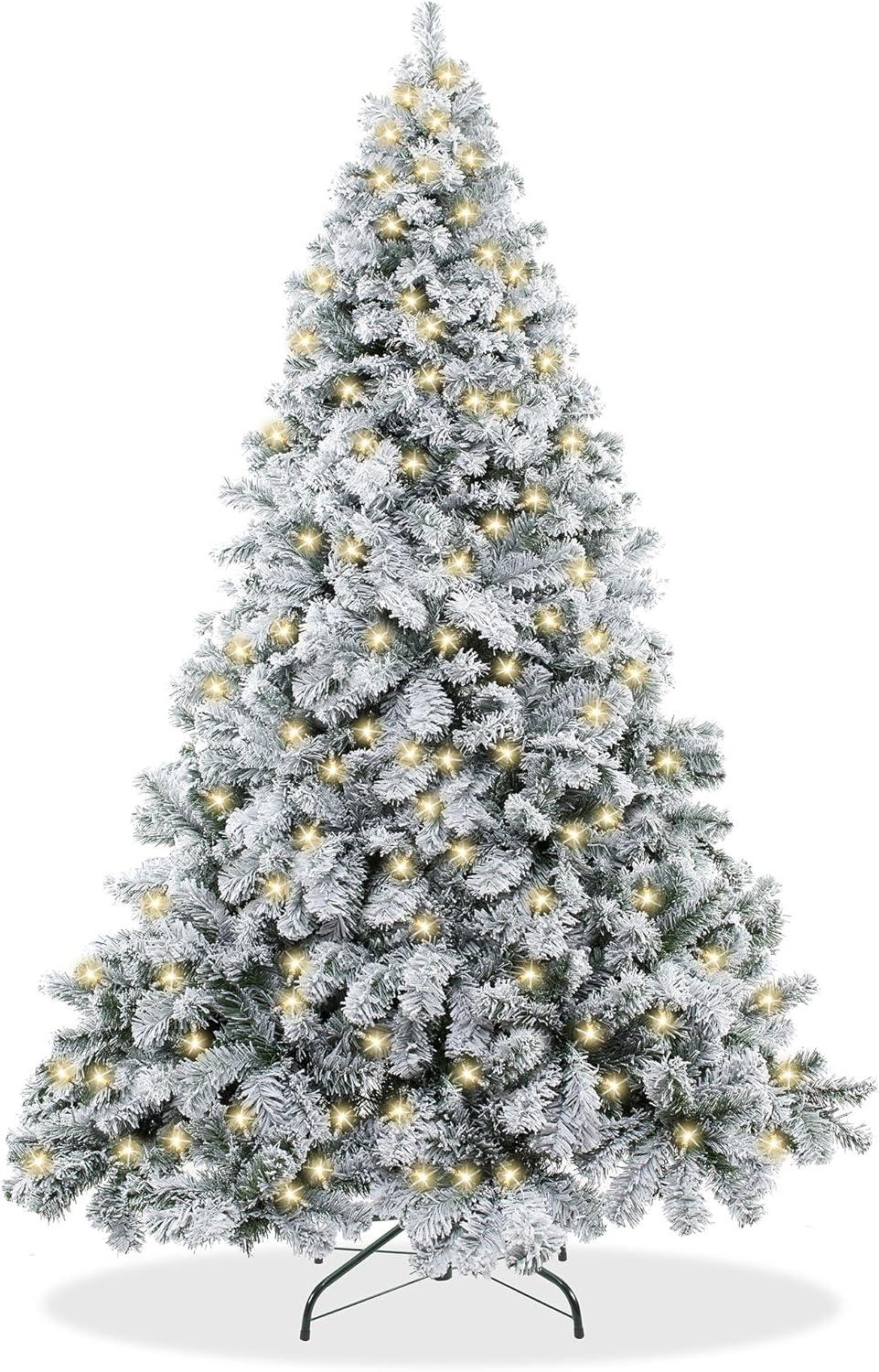 Casafield Realistic Snow-Flocked Pine Artificial Holiday Christmas Tree with Sturdy Metal Stand