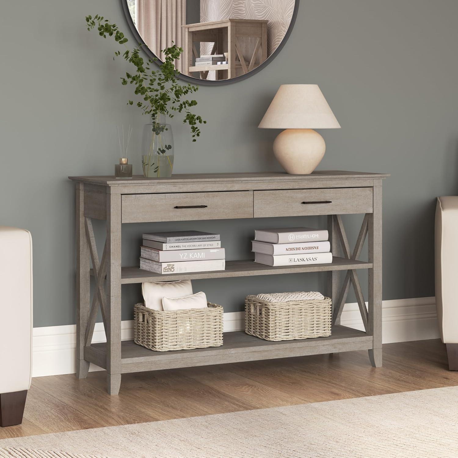 Washed Gray Farmhouse Console Table with Storage and X Pattern Accents