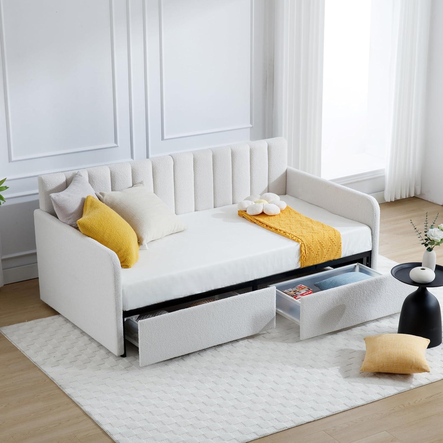 Ivory Boucle Upholstered Twin Daybed with Drawers and Tufted Backrest