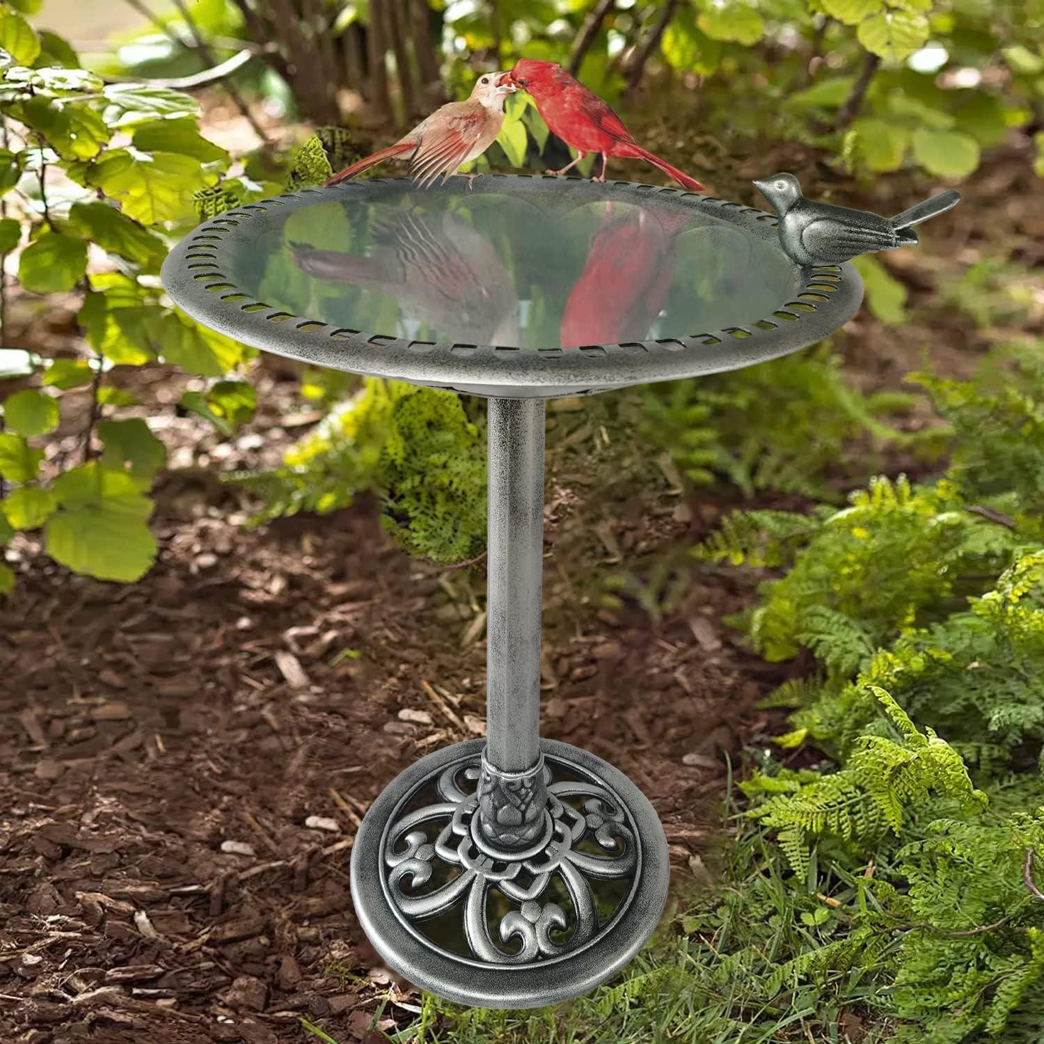 30 Inch Silver Polyresin Outdoor Garden Bird Bath