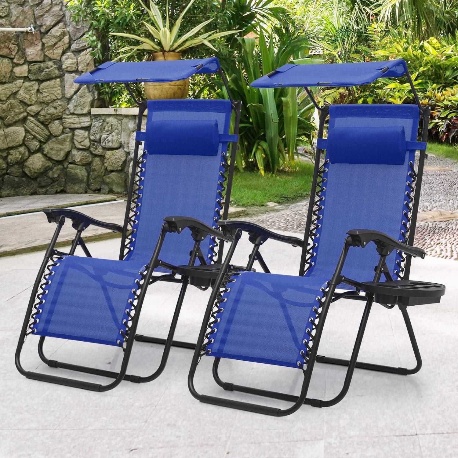 MoNiBloom Outdoor Lounge Chairs Set of 2, Adjustable Patio Beach Yard Garden Sun Shade Lounger with Utility Tray Cup Holder, Blue