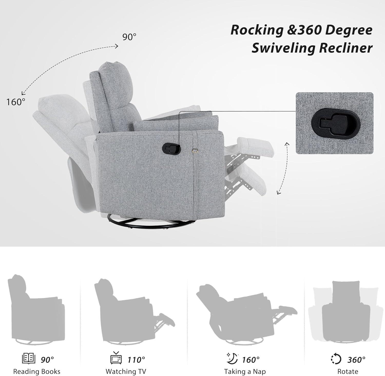 Swivel Rocker Glider Nursery, Manual Recliner Chair Single Sofa Chair for Adults, Linen Fabric Rocker Chair with Removable Pillows for Living Room, Bedroom, Dark Grey