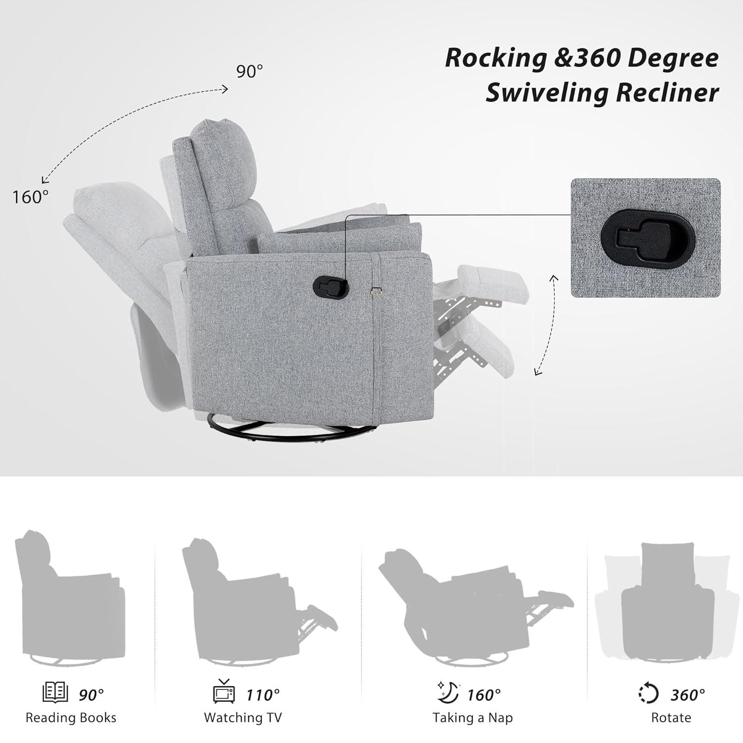 Swivel Rocker Glider Nursery, Manual Recliner Chair Single Sofa Chair for Adults, Linen Fabric Rocker Chair with Removable Pillows for Living Room, Bedroom, Dark Grey