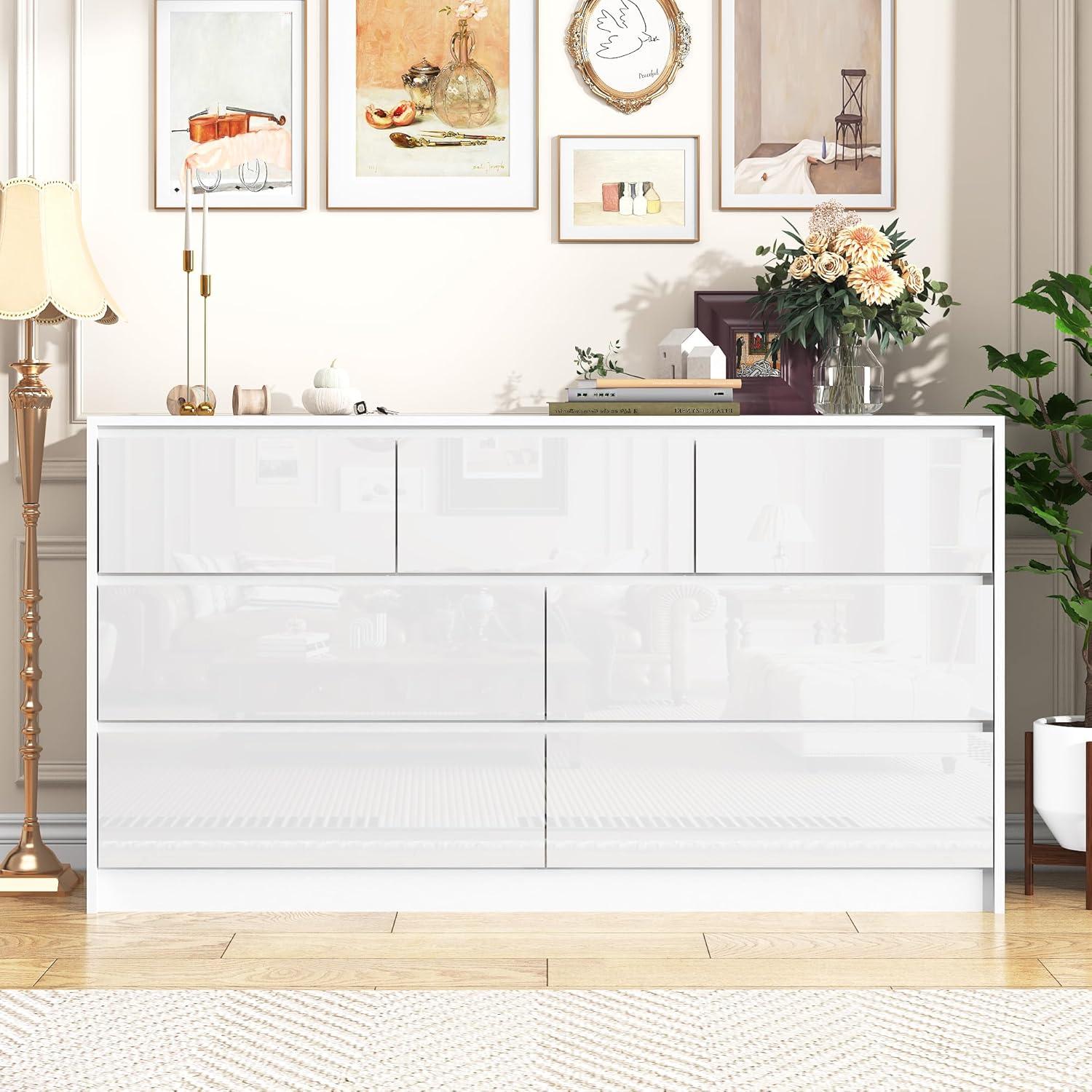 Ebern Designs White Dresser for Bedroom with 7 Drawers, Modern High Gloss Large Dresser with 7 Handle Free Drawers, 55 Inch Wooden Long Dresser, Storage Chest of Drawers