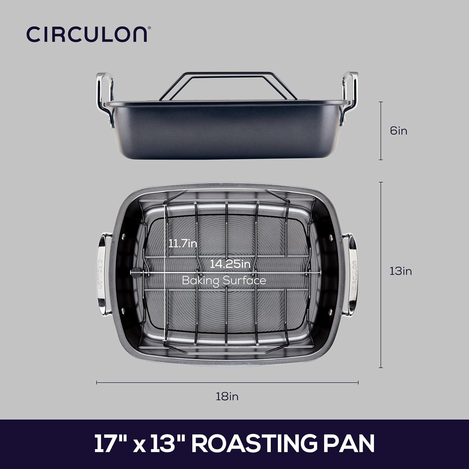 Black Nonstick Steel Roasting Pan with Rack and Handles, 17x13 Inch