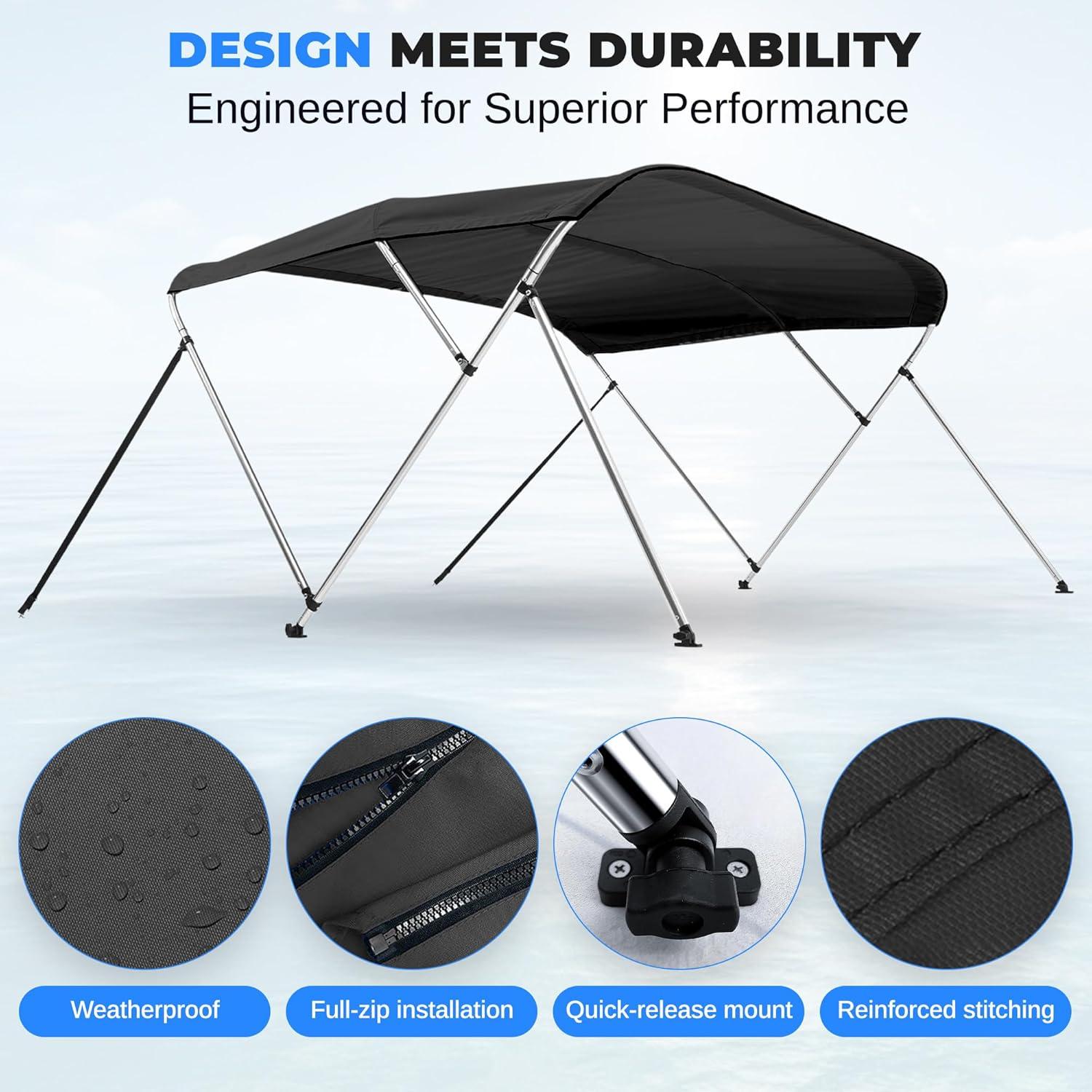 SereneLife 4 Bow Bimini Top Boat Cover - 96" x 61-66" x 54" - Gray
