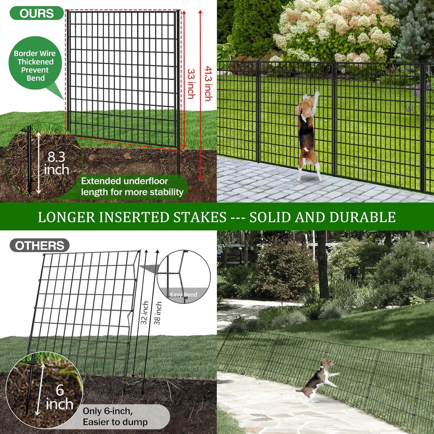 10 Panels Garden Fencing Animal Barrier, 33 in(H) X 24 ft(L) Dog Fence Outdoor for Yard Rustproof No Dig Decorative Tall Garden Fence Metal Wire Panel Border Patio Rabbit Ground Stakes Fencing