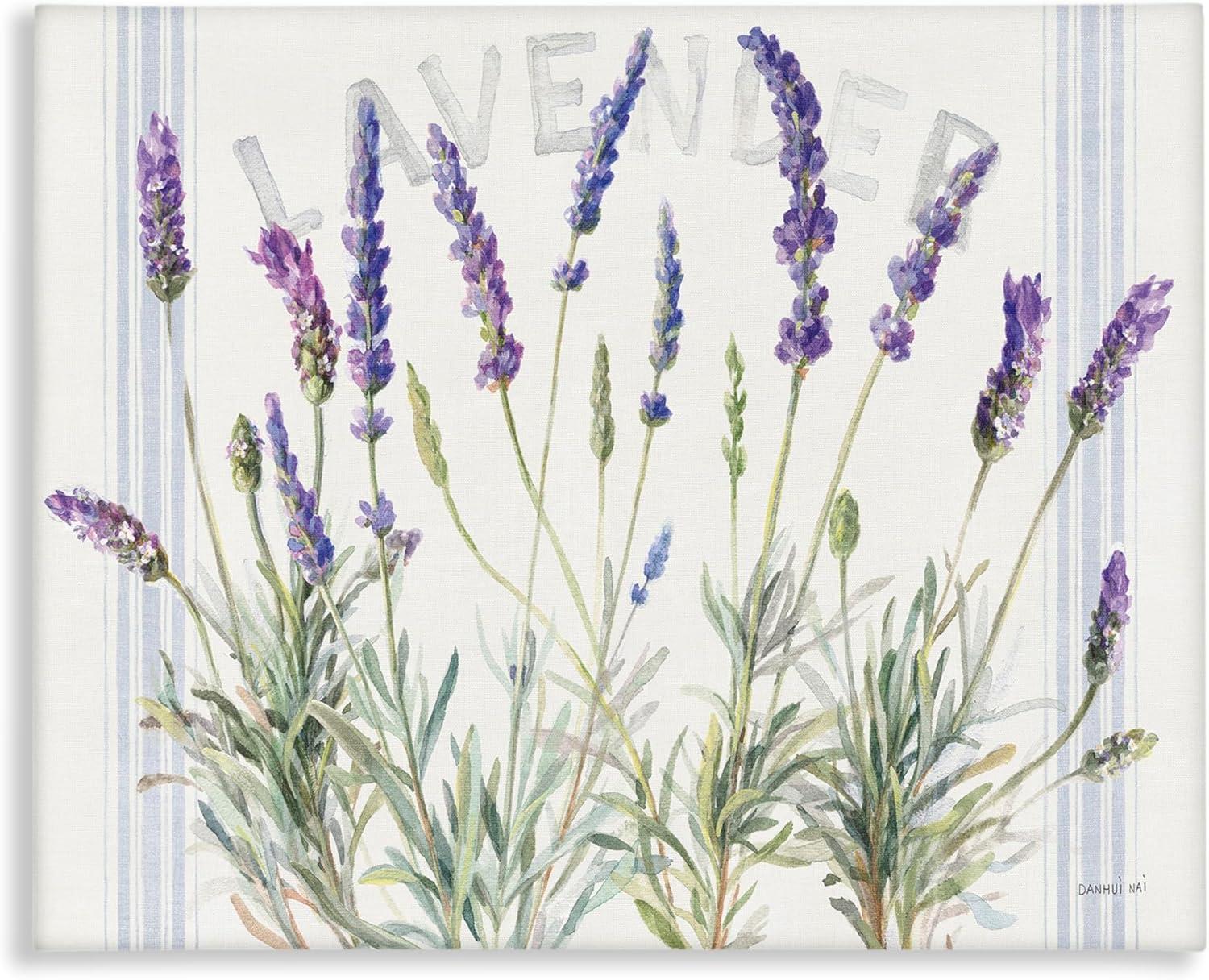 Lavender Floral Canvas Wall Art with Blue Stripes