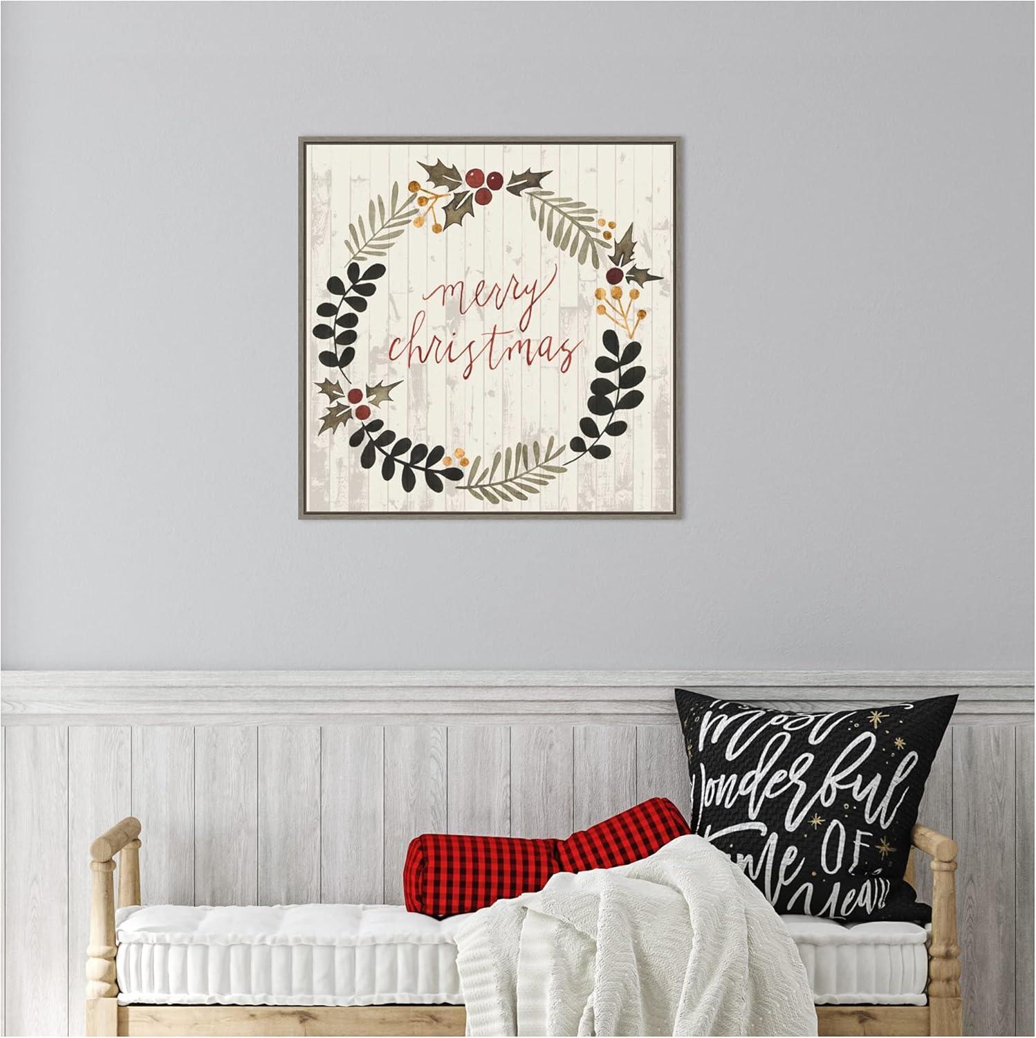 Rustic Christmas Wreath Canvas Art with Greywash Frame