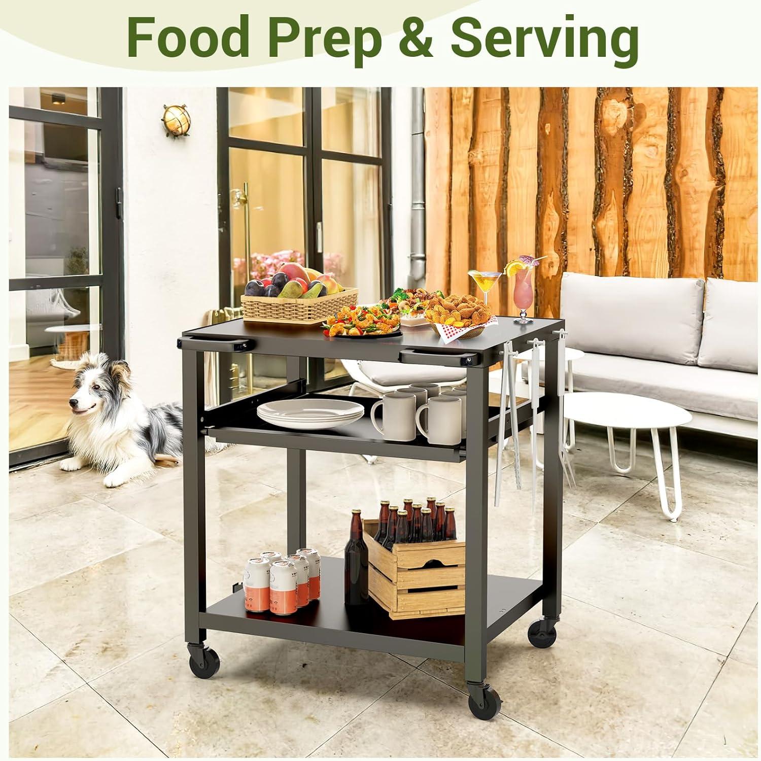 Hokku Designs Outdoor Pizza Oven & Grill Prep Table With Rolling Cart - 24"X30" Metal Top, 3-Layer Drawer Storage
