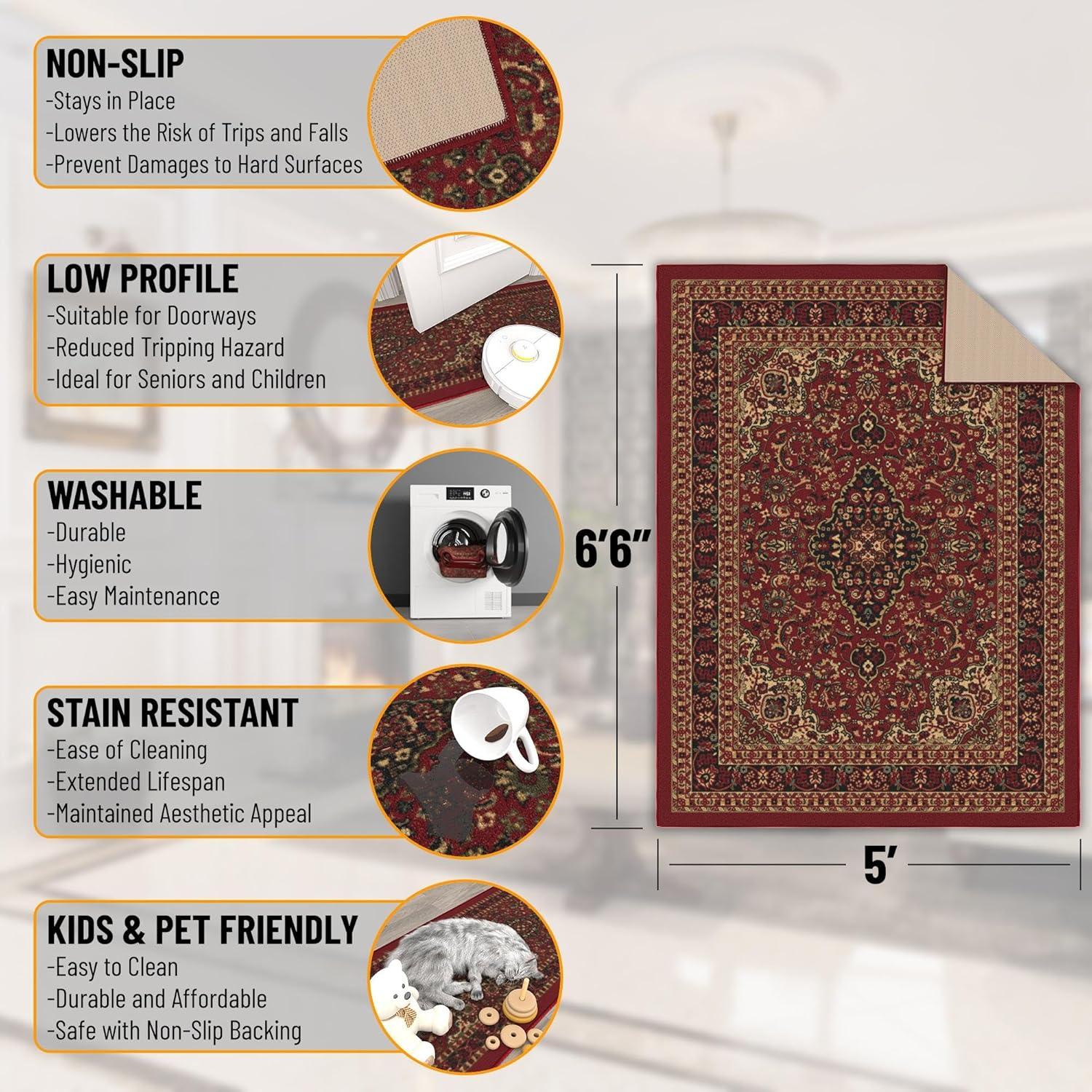 Ottohome Washable Non-Slip Rubberback Medallion Oriental Design Red Area Rug