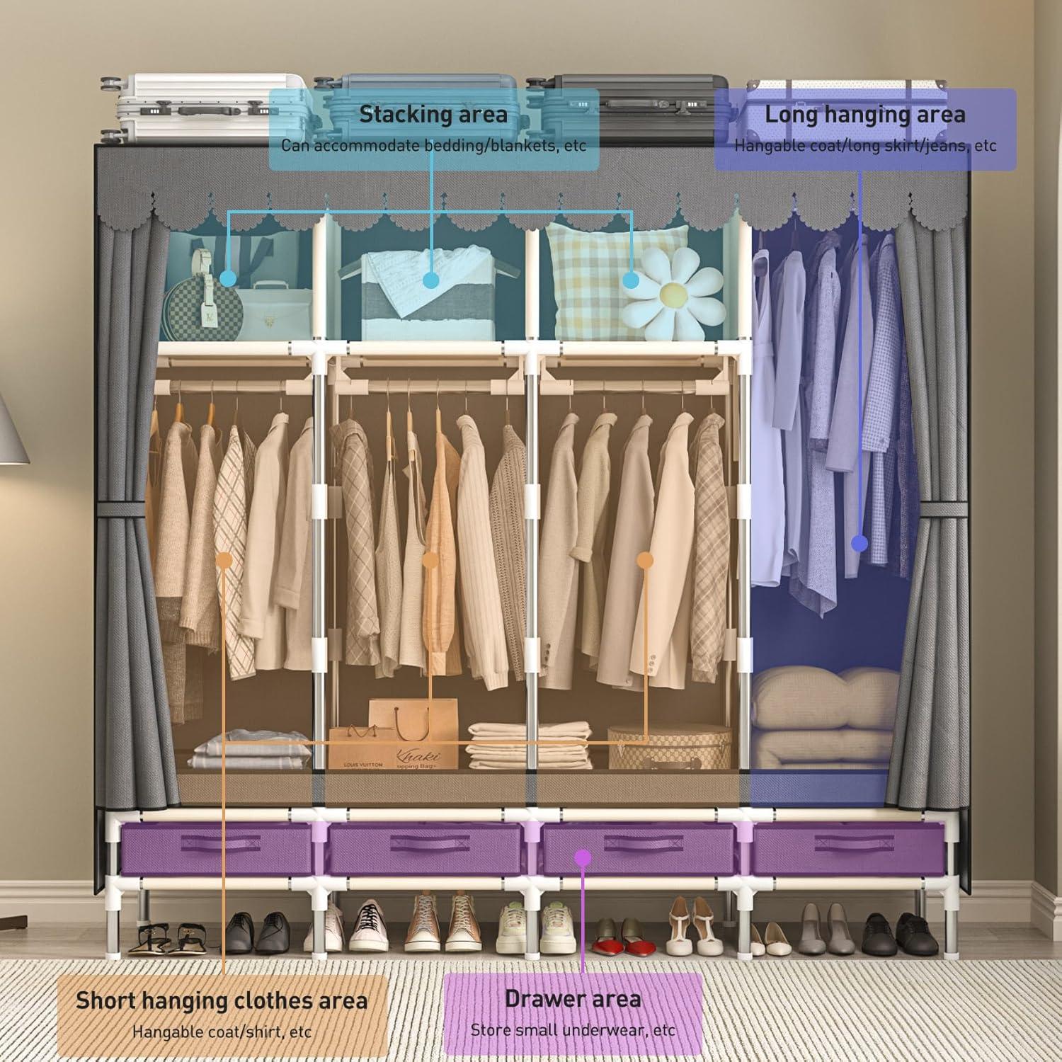 Large Portable Wardrobe with 4 Hanging Rods and Drawers, Armoire, Metal Storage Wardrobe Hangers, Upgraded Grey Non-Woven Dust Cover for Handing Closet,Large Closets for Bedroom