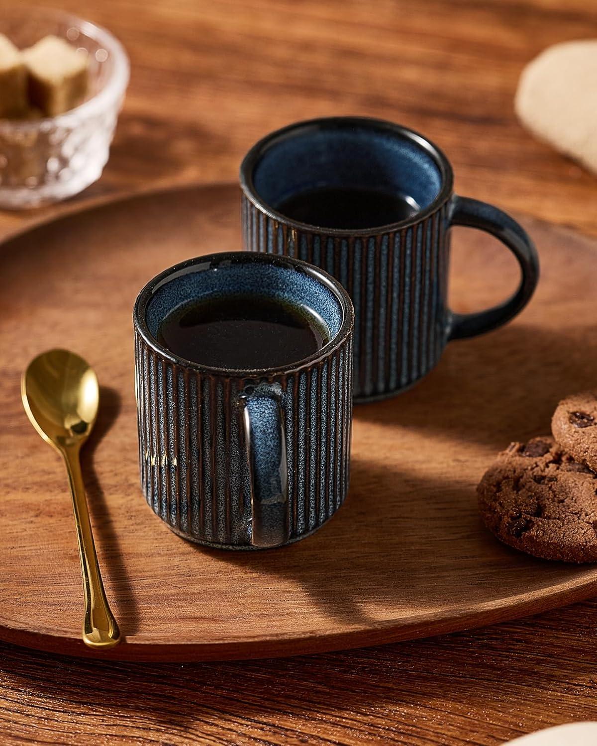 Espresso Cups and Saucers Set of 4, [ Mini ] 3 oz Ceramic Small Coffee Mug with Handle, Ribbed Stoneware Demitasse Cup for Tea, Latte - Microwave & Dishwasher Safe - Nebulas Blue