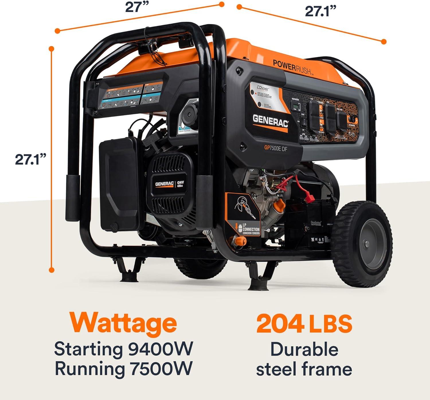 Generac 8011 GP7500E 7,500-Watt Dual-Fuel Compatible Portable Generator, 49-ST