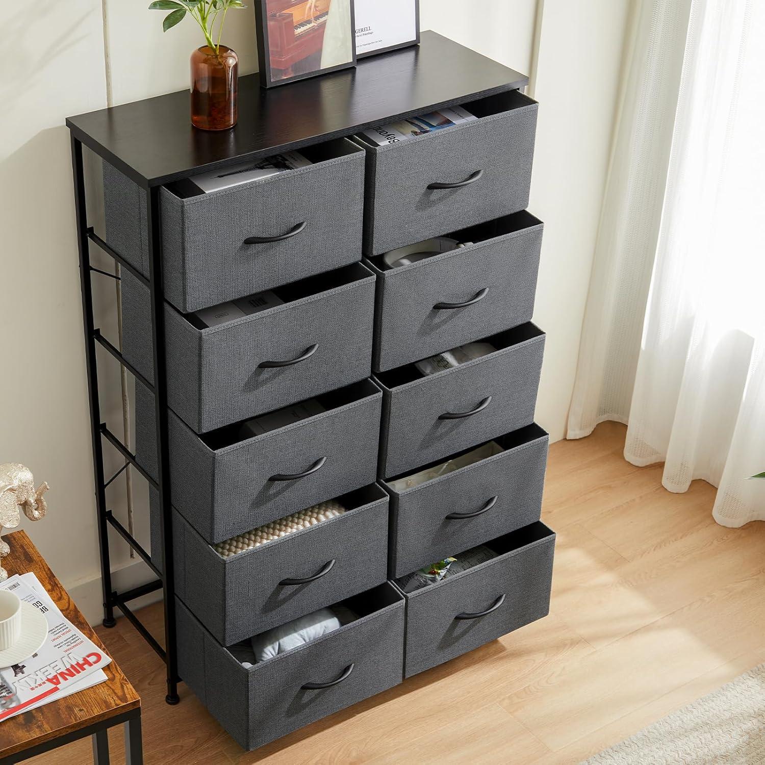 Gray Tall Dresser with Extra Deep Fabric Drawers and Steel Frame