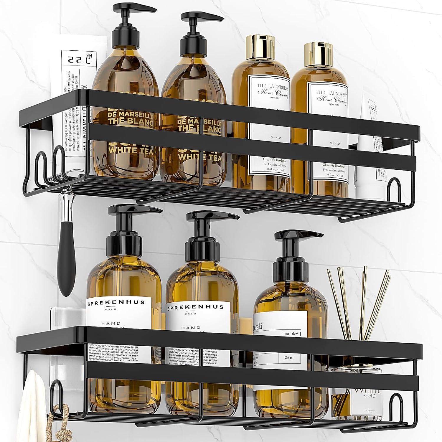 BN-LINK Shower Caddy, 2 pack Adhesive Shower Organizer Shower Rack with 8 Hooks, Shower Shelves Storage Bathroom Organizers and Storage, Black