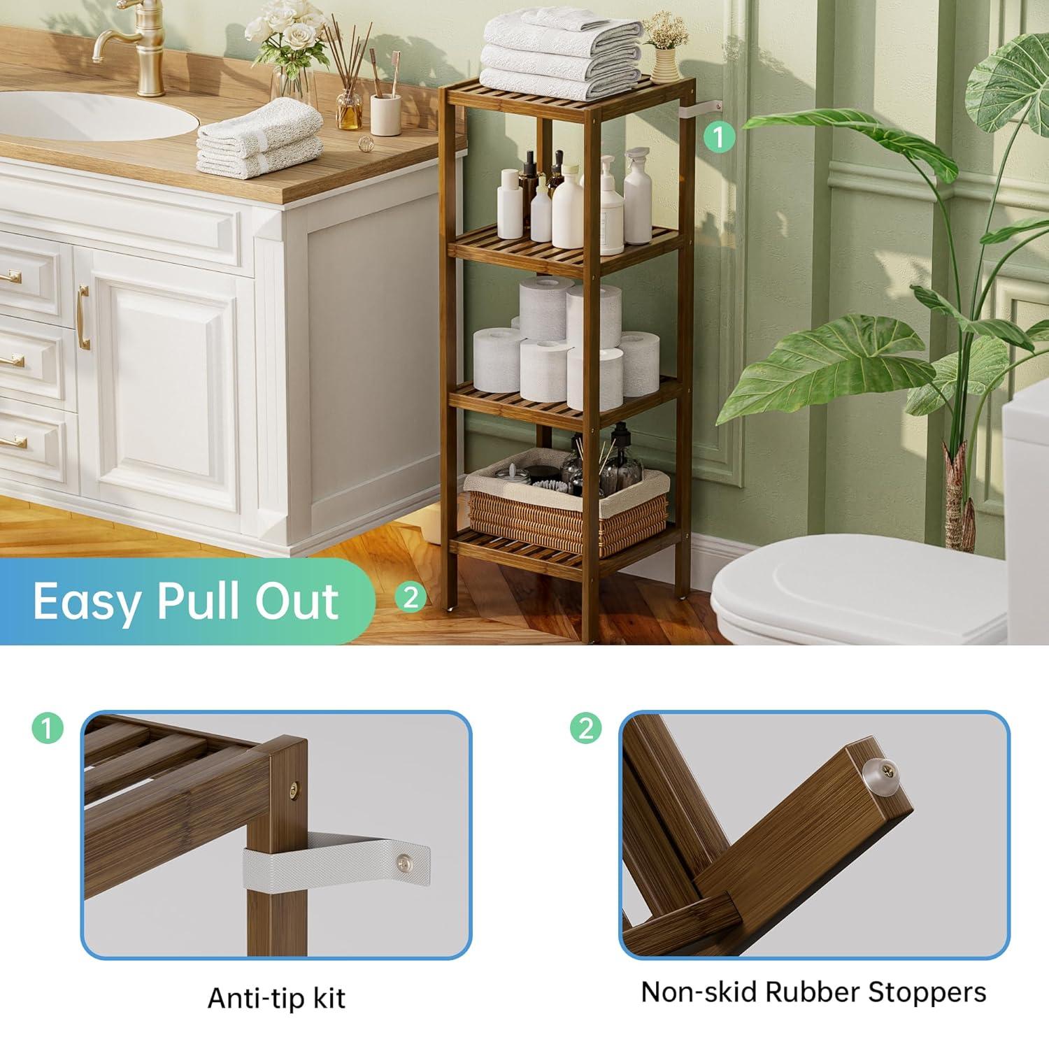 Bathroom Storage Shelf, 4-Tier Bamboo Rack Organizer, Multifunctional Shelving Unit For Living Room Bedroom Kitchen (Black)