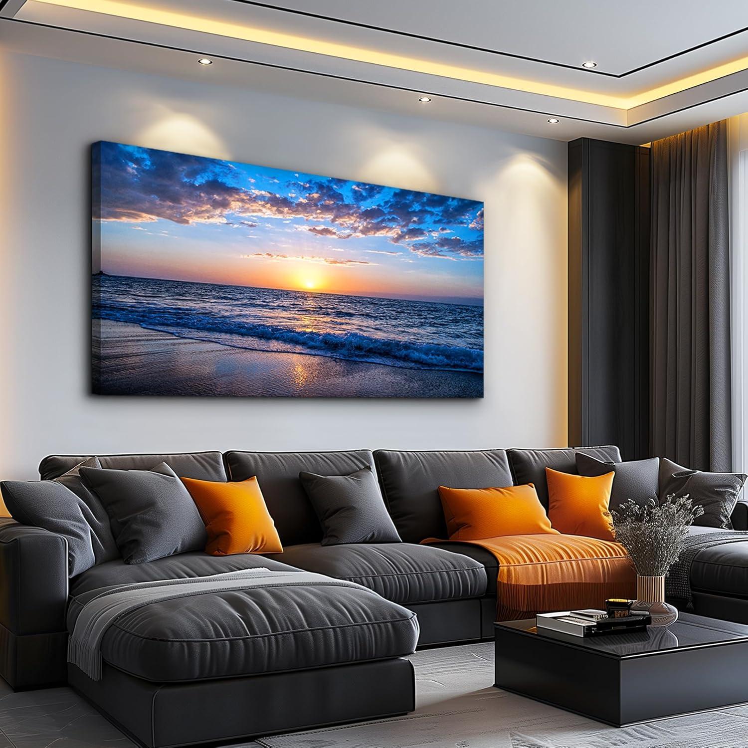 Creowell Wall Art Moon Sea blue Ocean Landscape Paintings Bedroom Canvas Art Print wall art for living room Paintings for Wall Decor and Home Decor -20x16 Inch